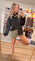 Black Ruffle Cuffs Accent Top