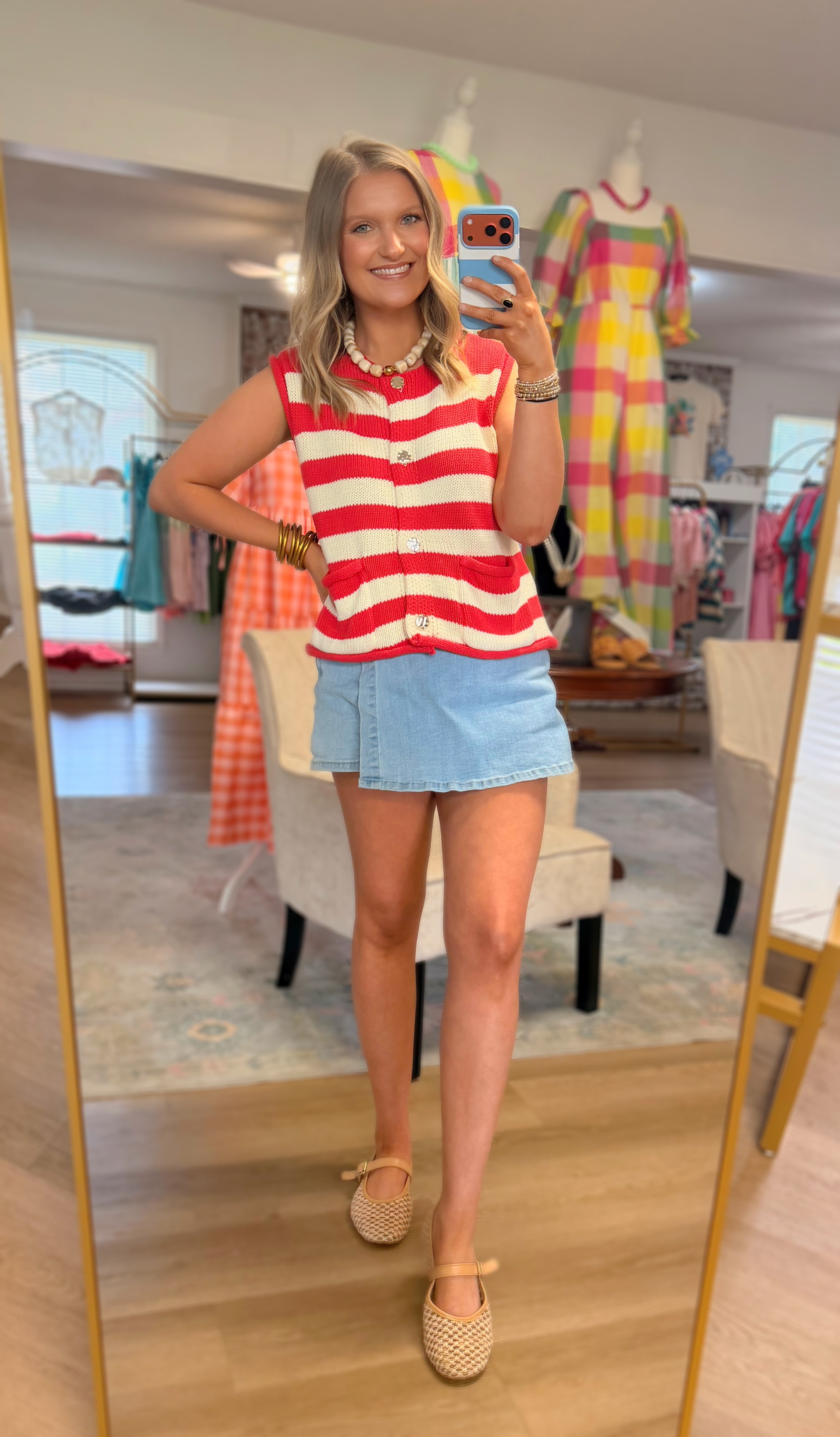 Red Striped Knit Button Down Top