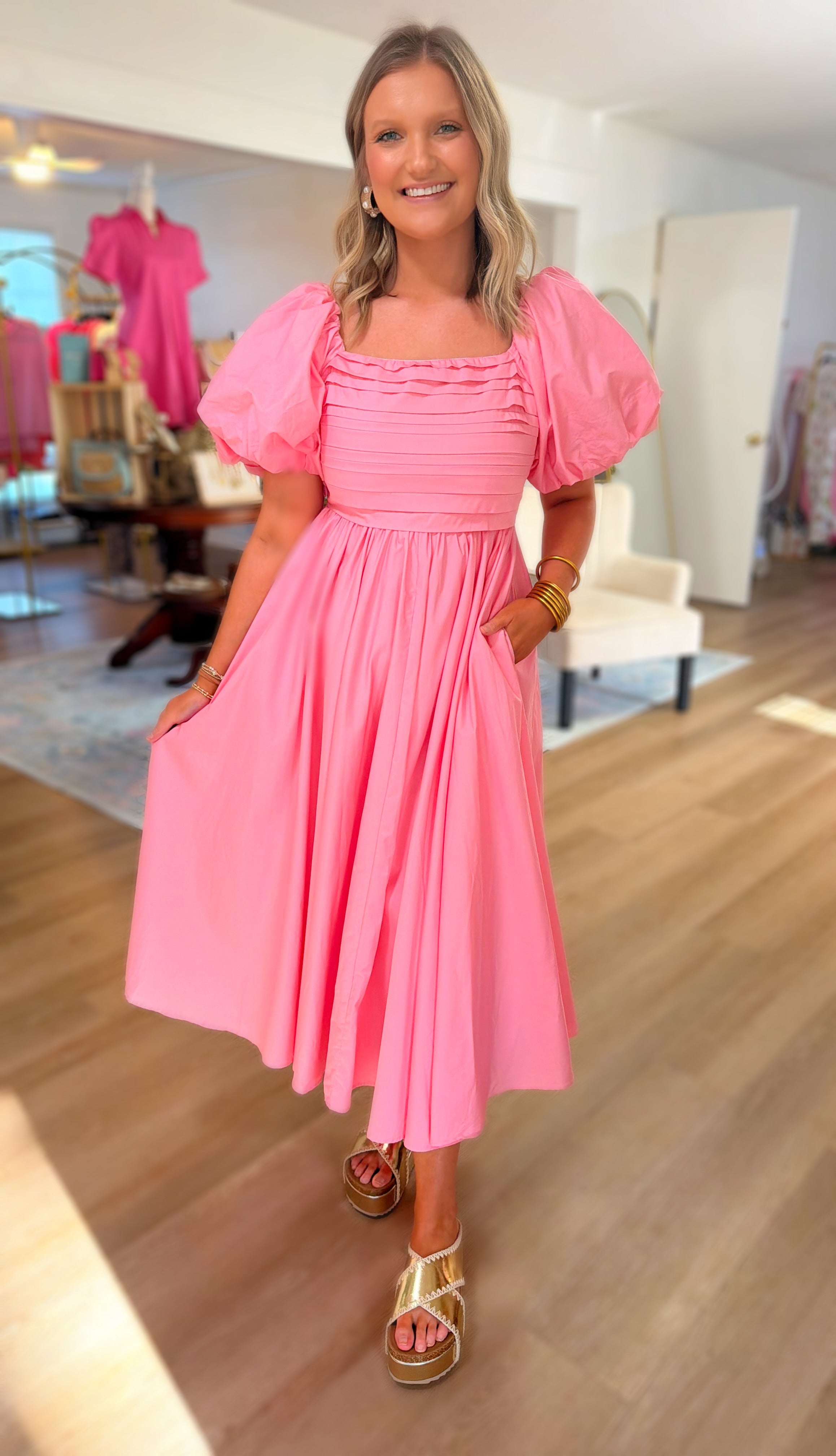 Pink Balloon Sleeve Dress
