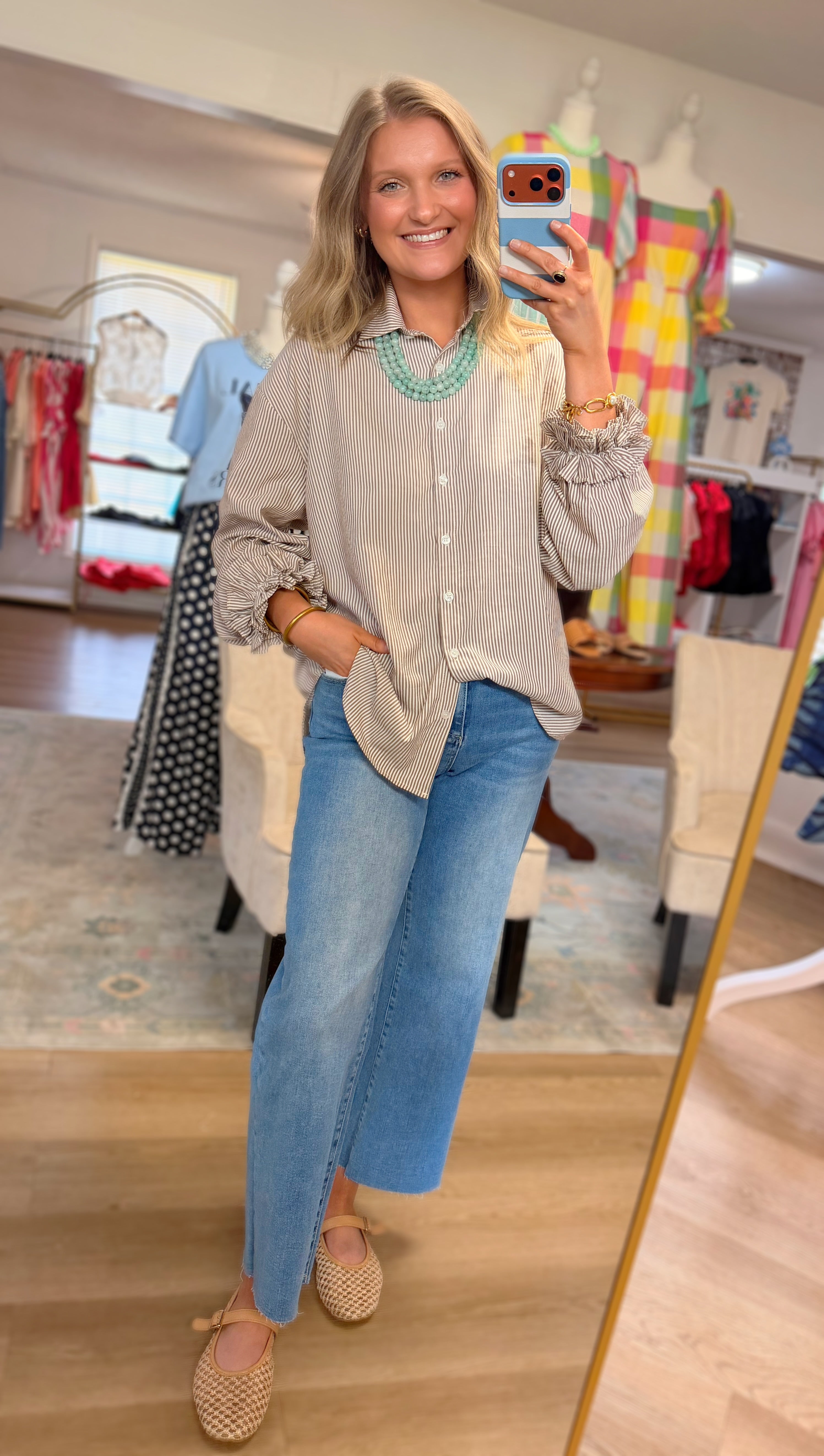 Brown Ruffle Cuffs Accent Top