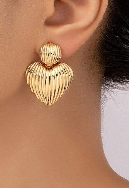 Gold Ribbed Heart Drop Earrings