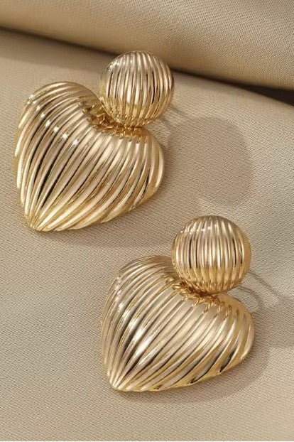 Gold Ribbed Heart Drop Earrings