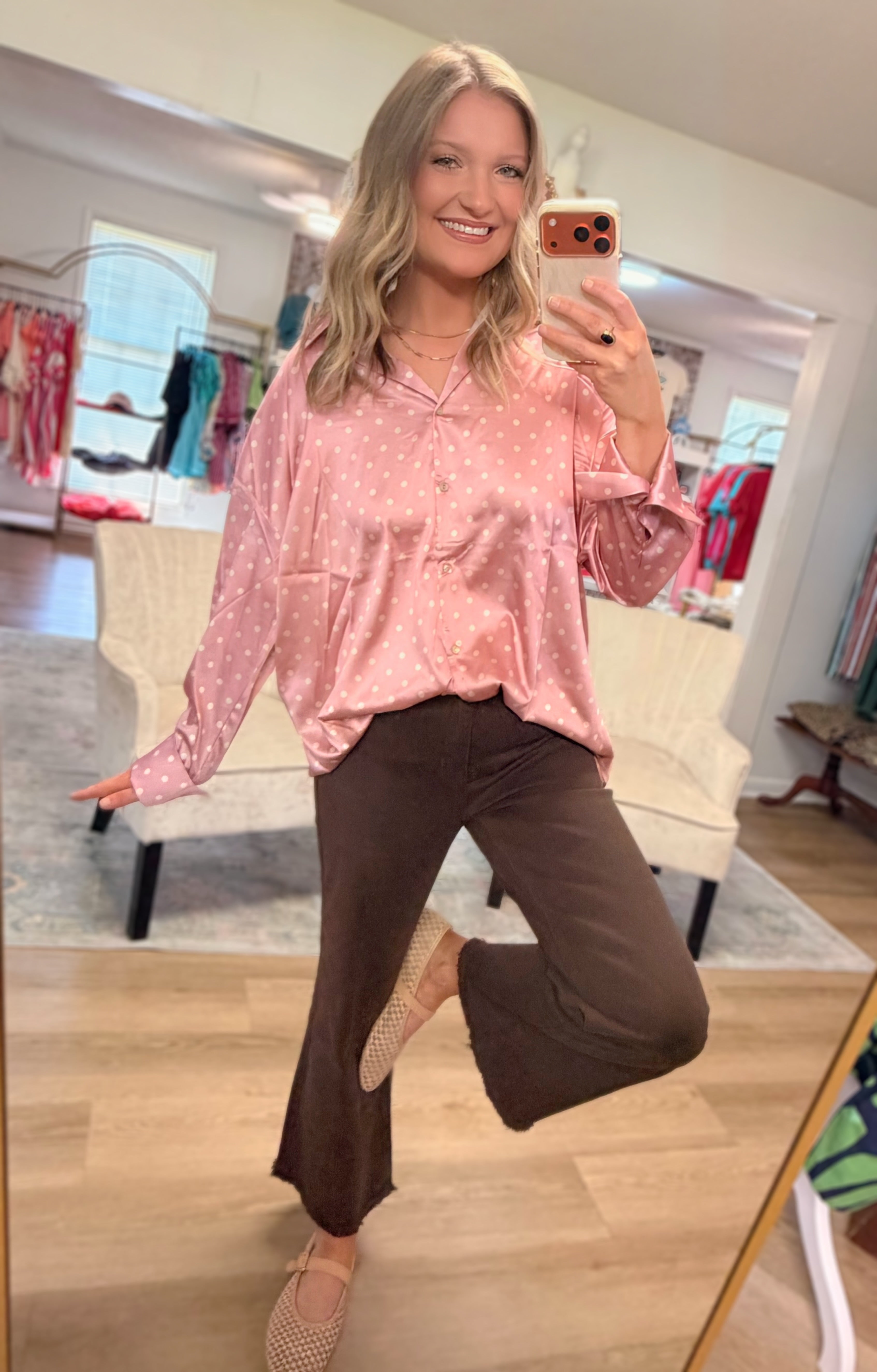 Blush Satin Polka Dot Top