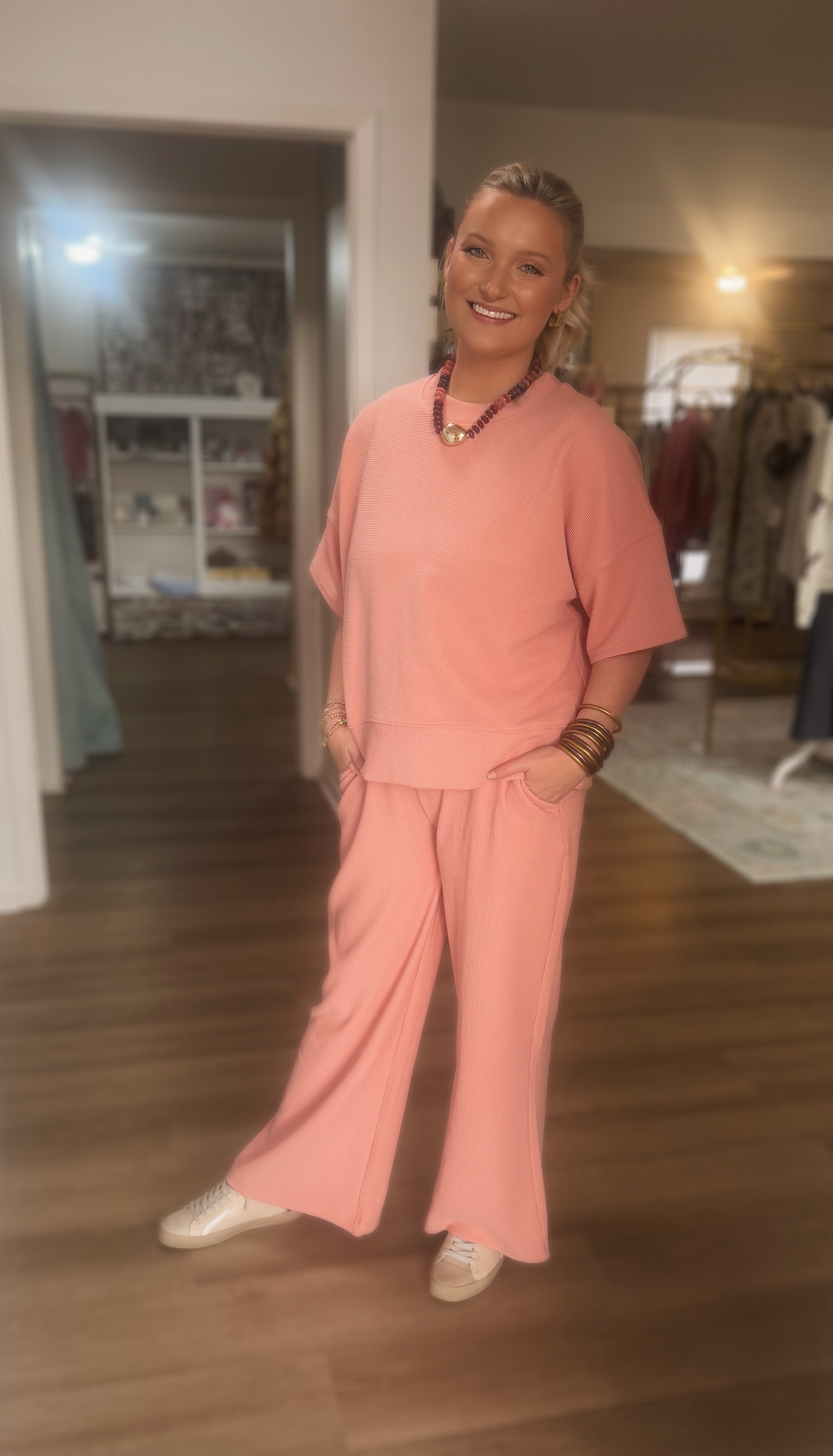 Tan Rose Ribbed Pants Set