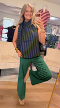 Olive Ruffle Neck Tie Stripe Top