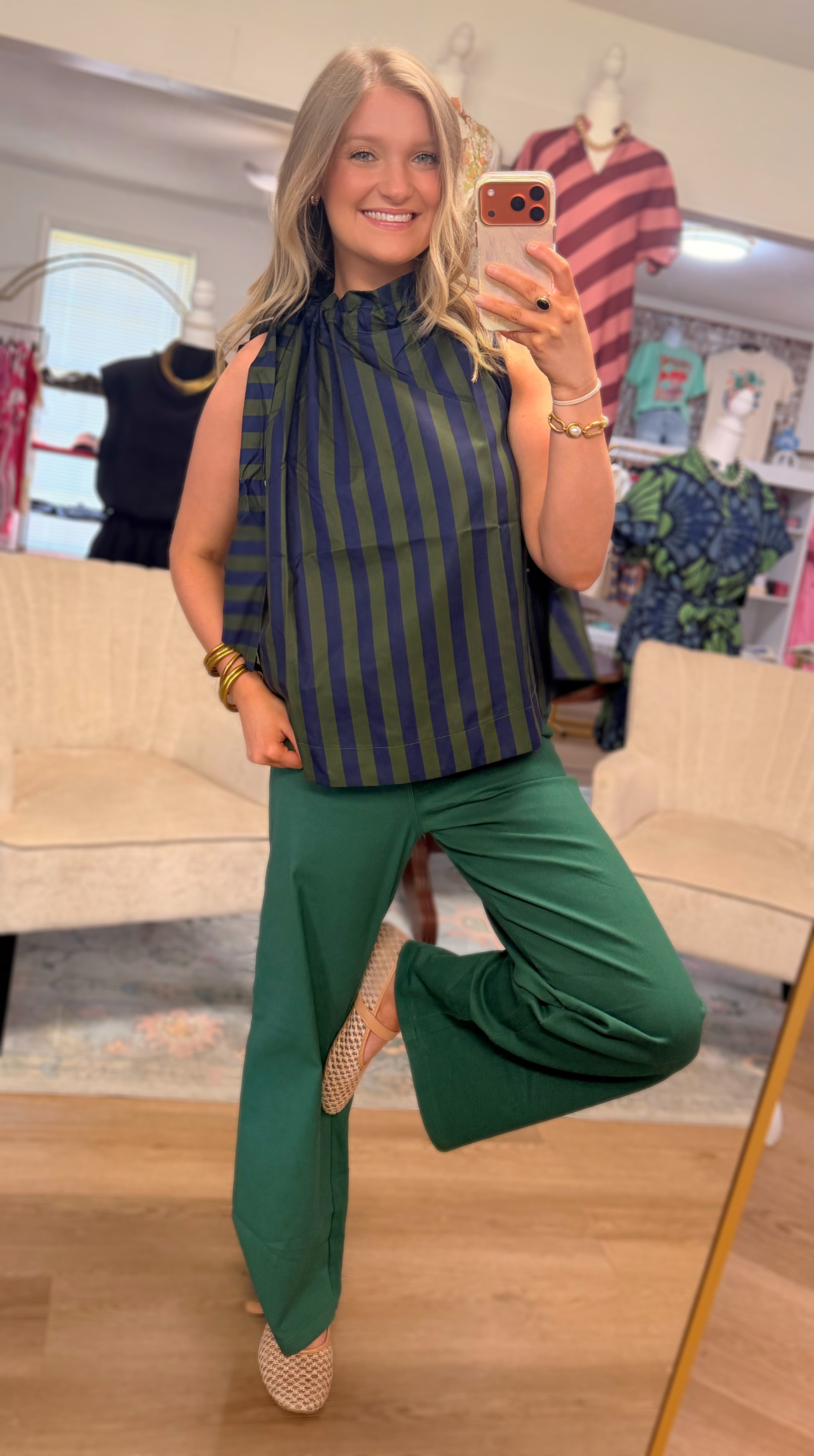 Olive Ruffle Neck Tie Stripe Top