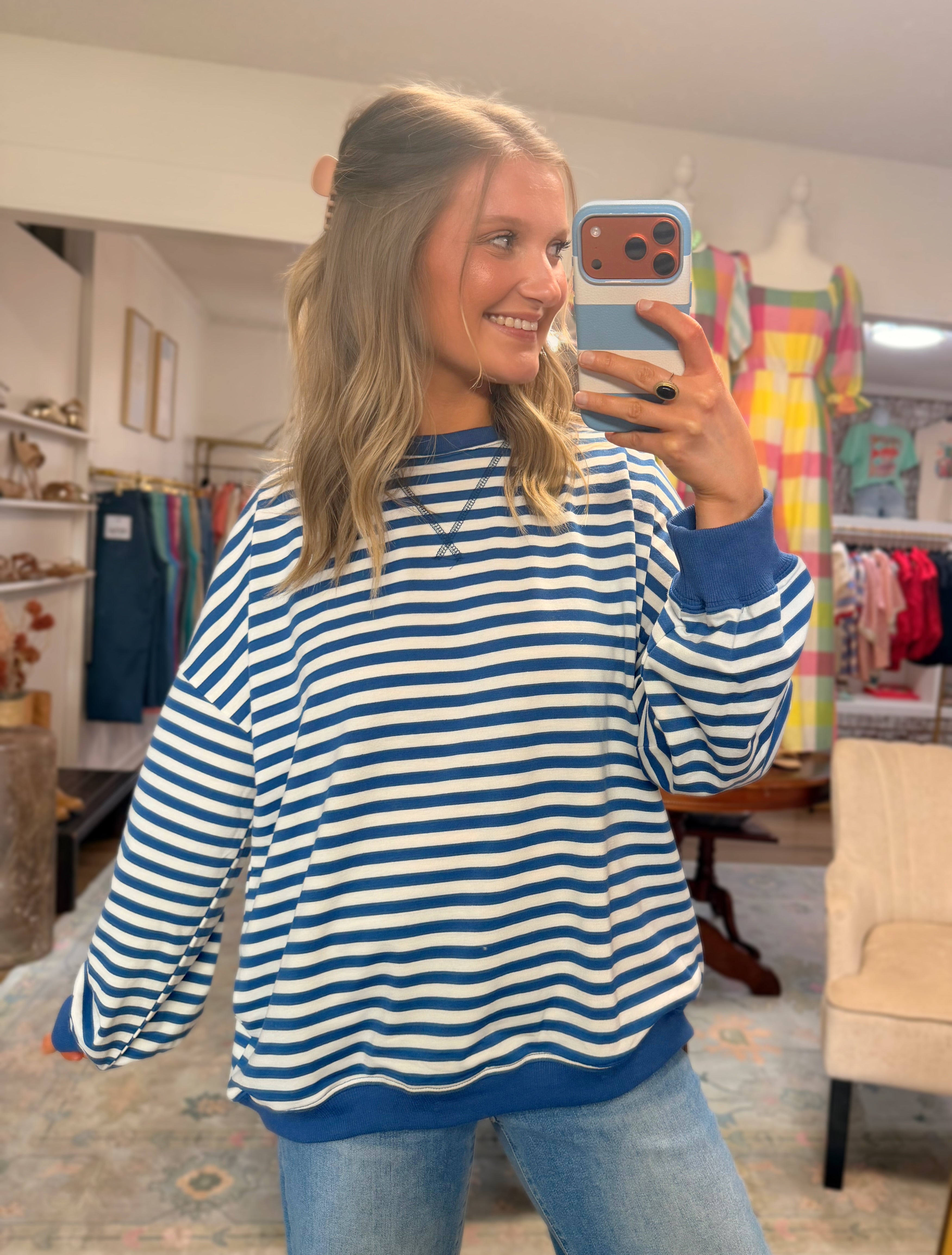 Navy Striped Pullover Top