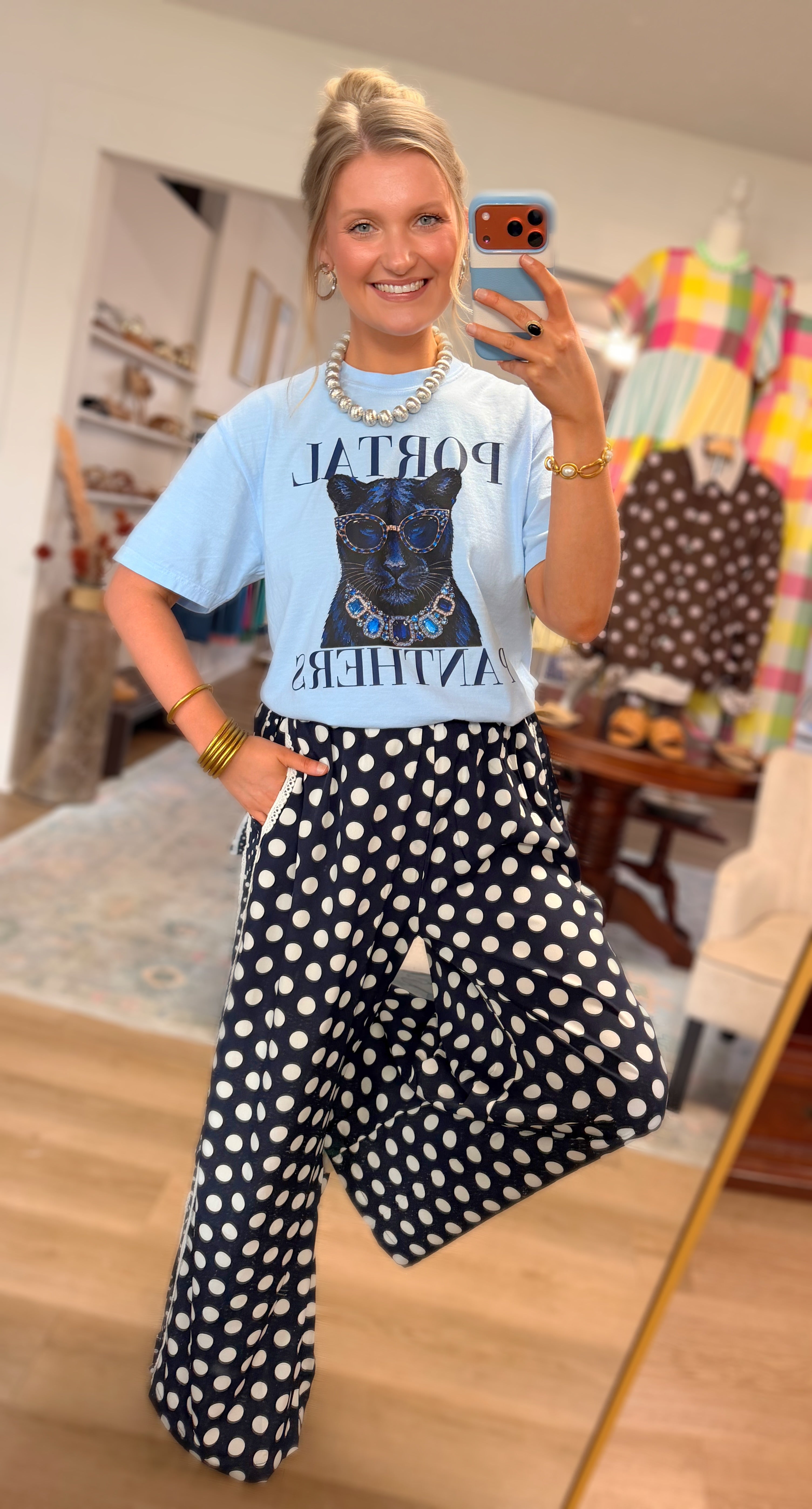 Navy Polka Dot Panel Pants