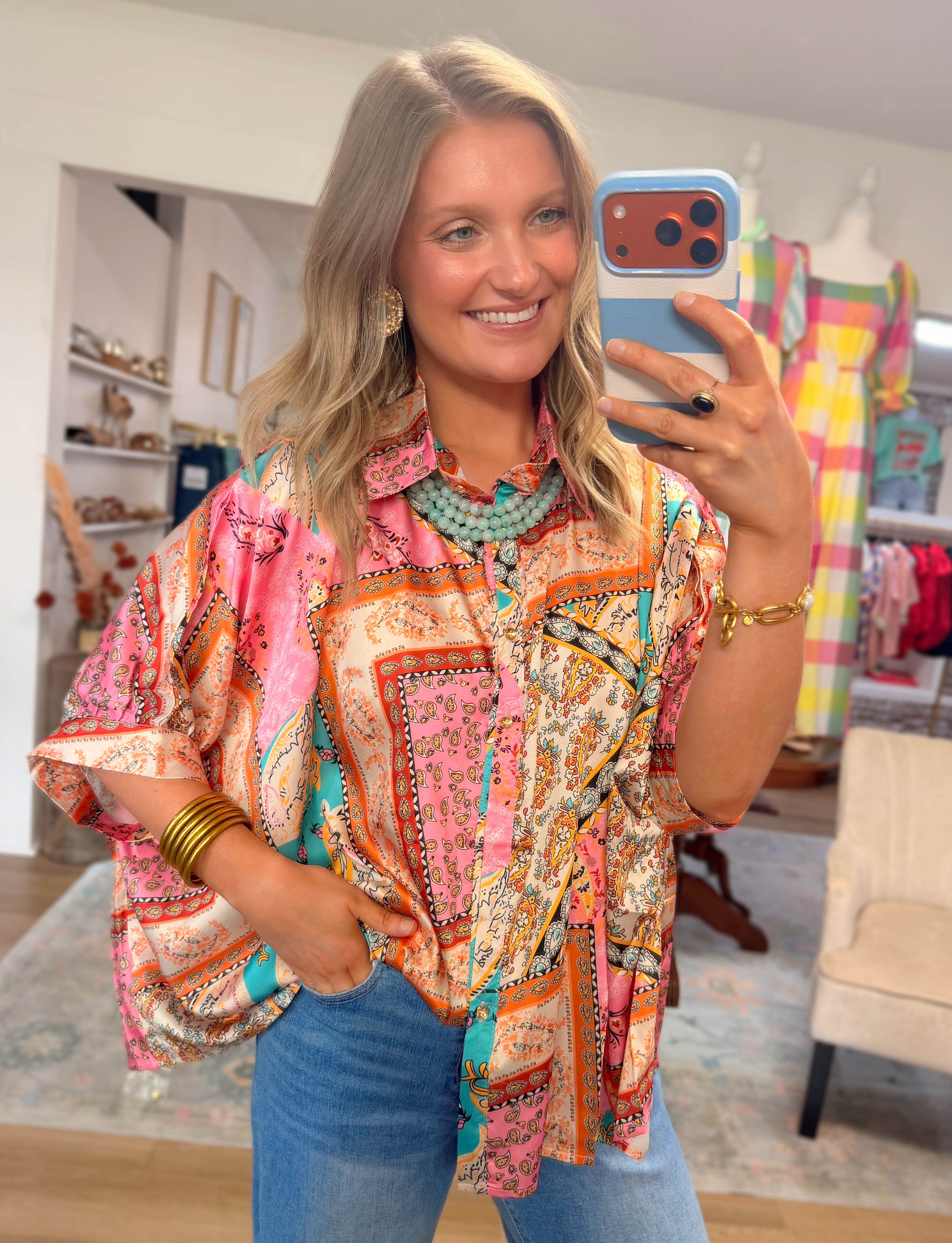 Satin Paisley Button Down Top