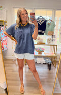 Navy Ribbed Pocket Top