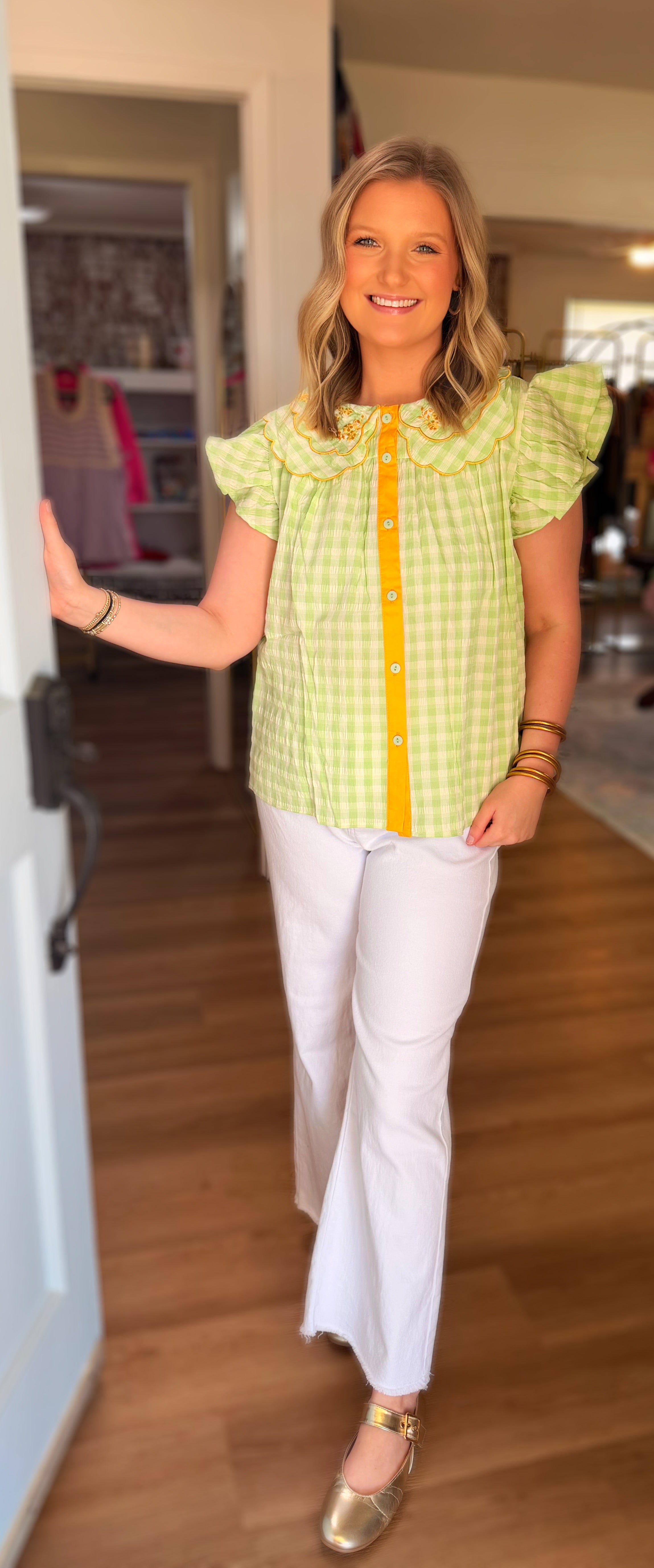 Lime Button Down Gingham Top