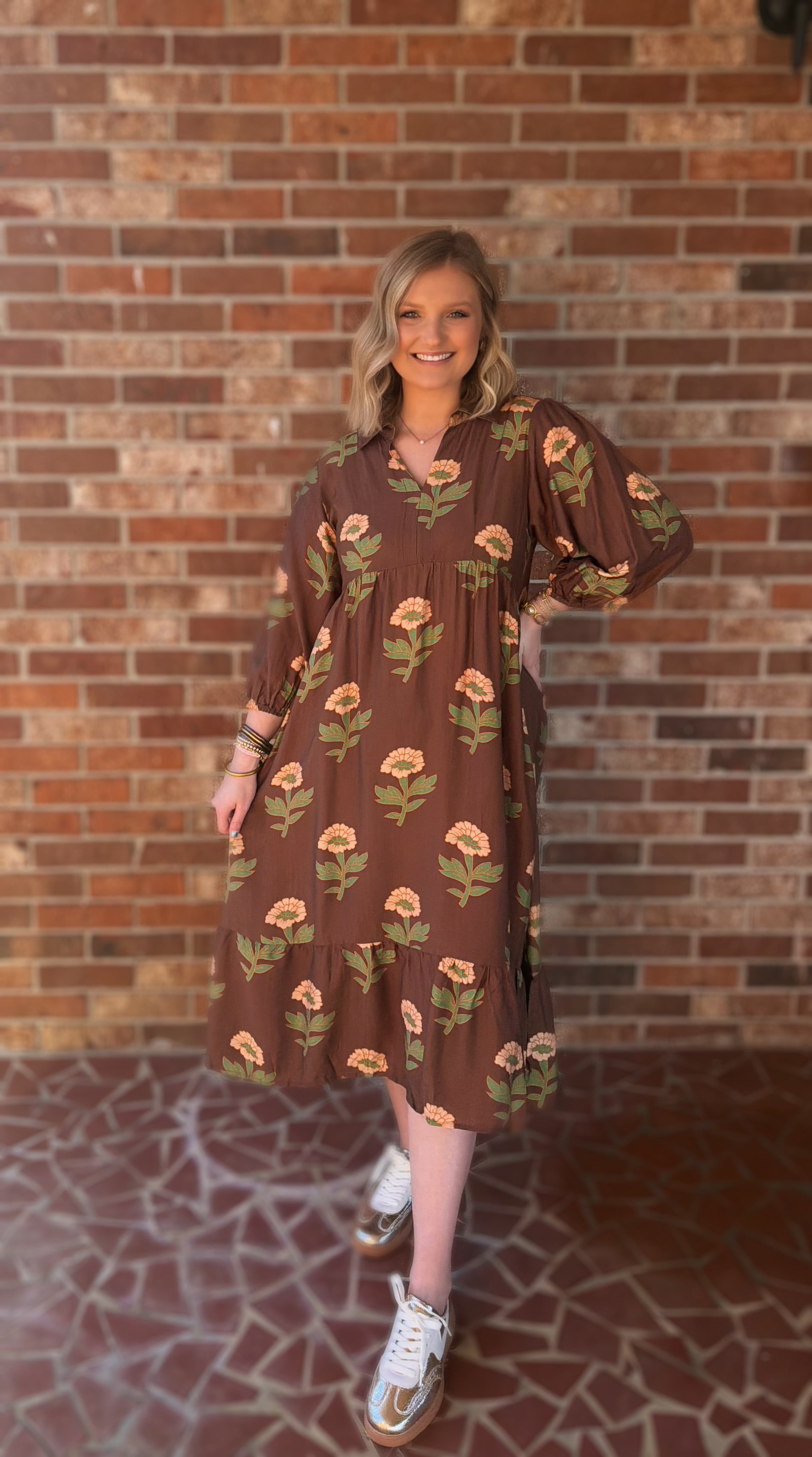 Mocha Floral Print Midi Dress