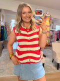 Red Striped Knit Button Down Top