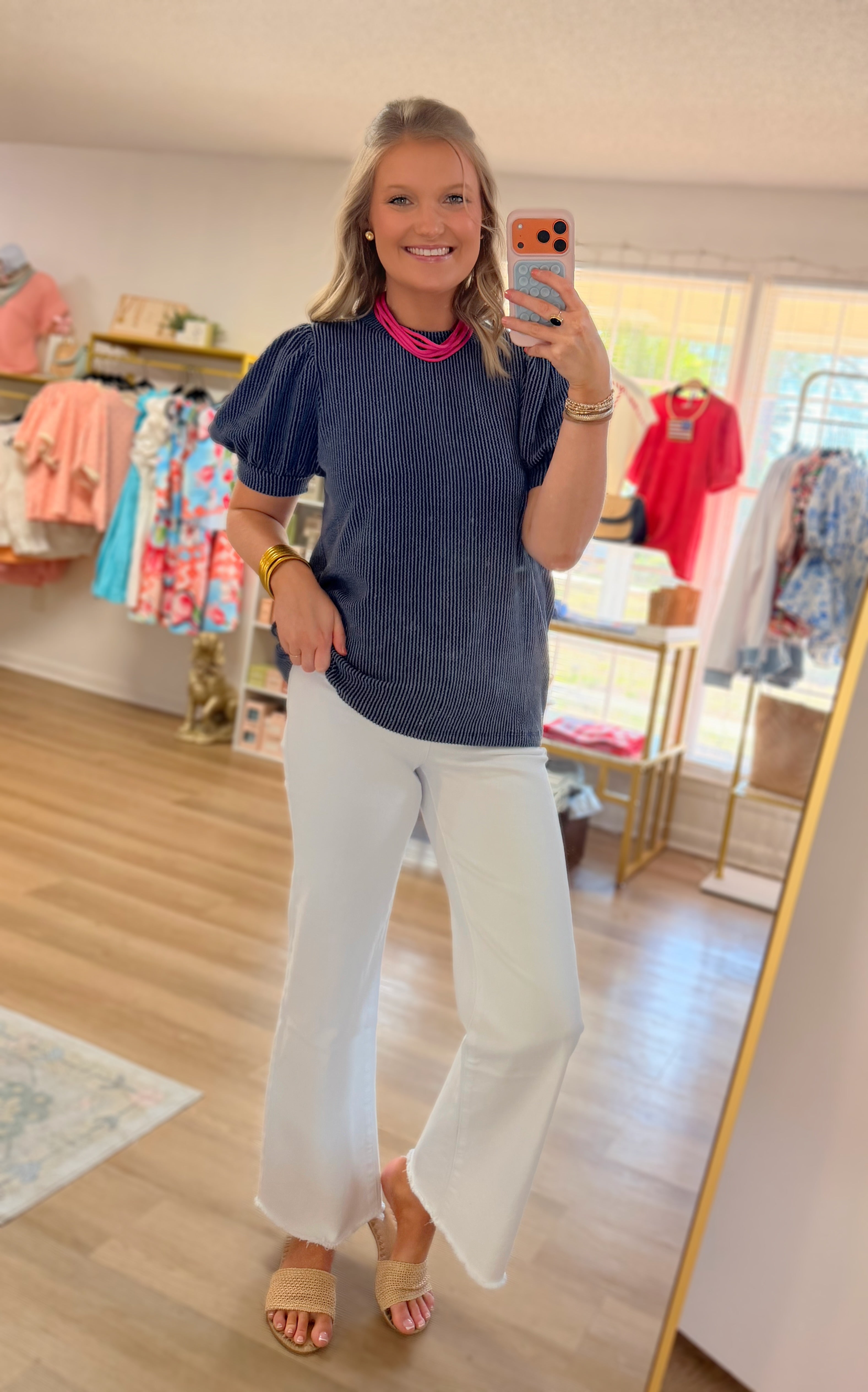 Navy Puff Sleeve Top