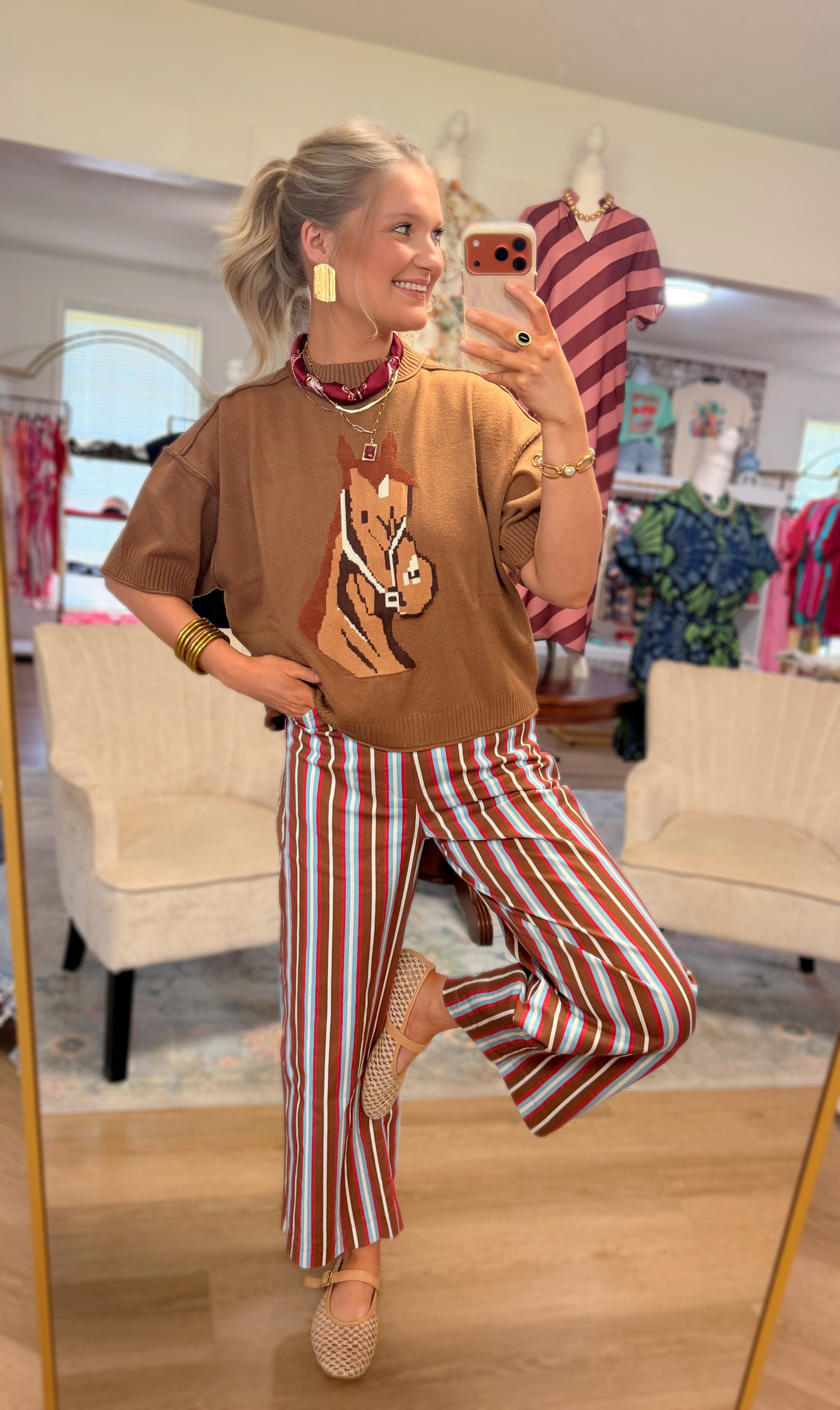 Camel/Blue Striped High Waisted Pants