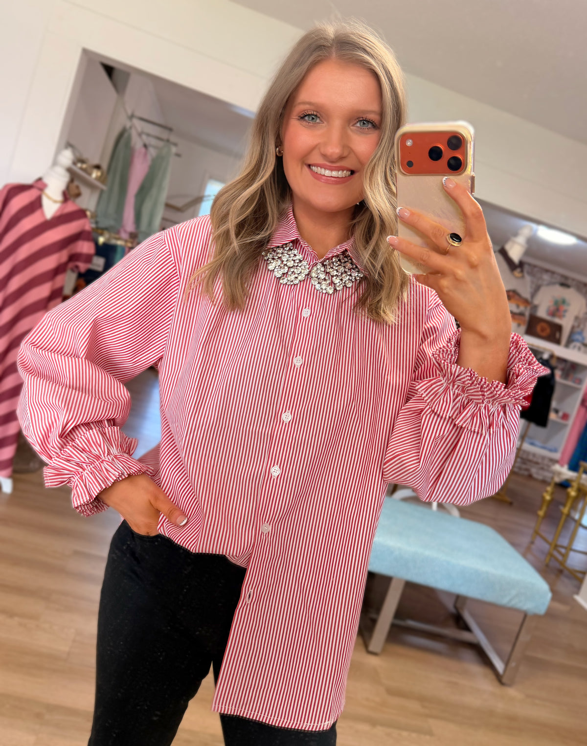 Red Ruffle Cuffs Accent Top