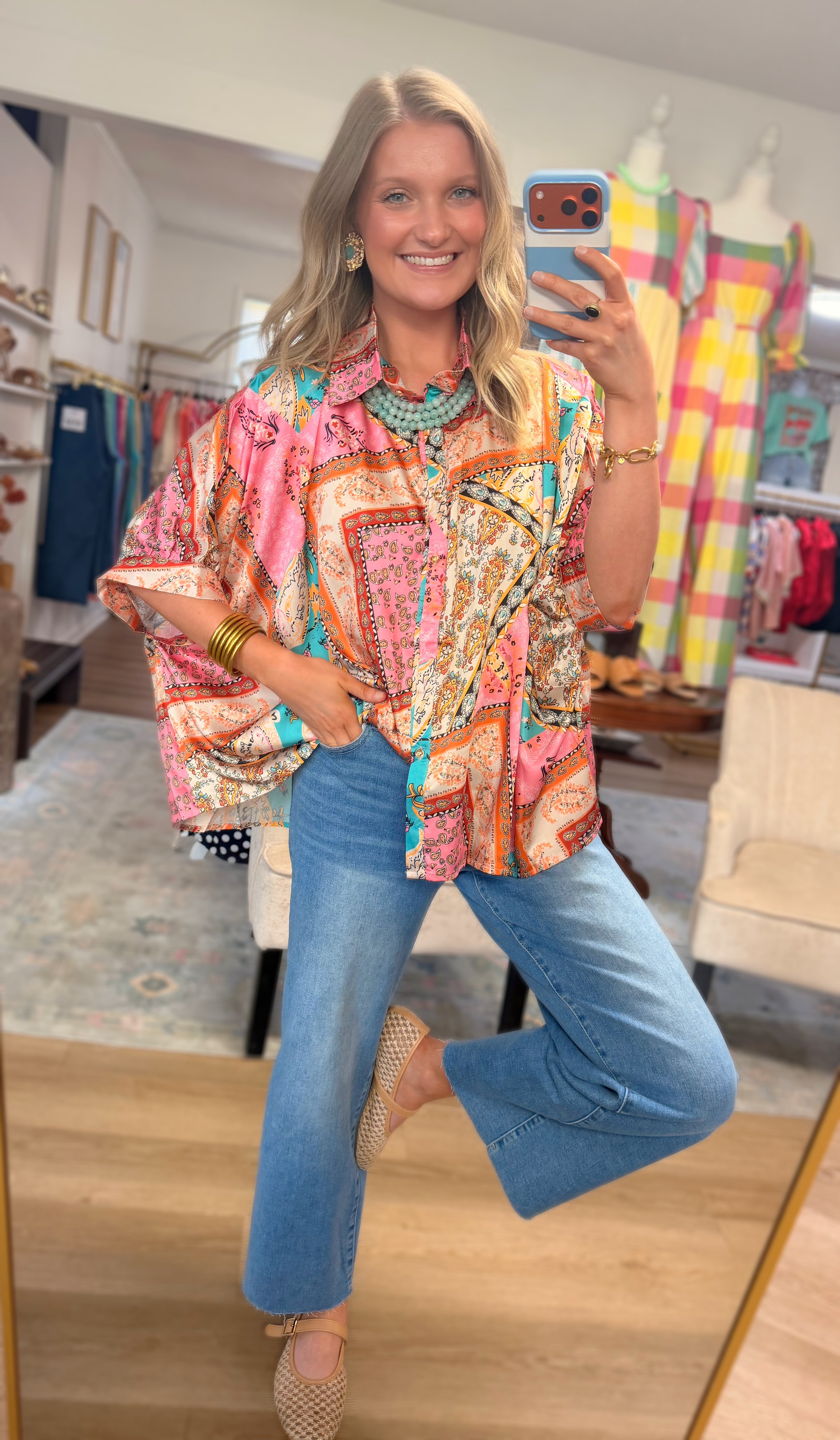 Satin Paisley Button Down Top