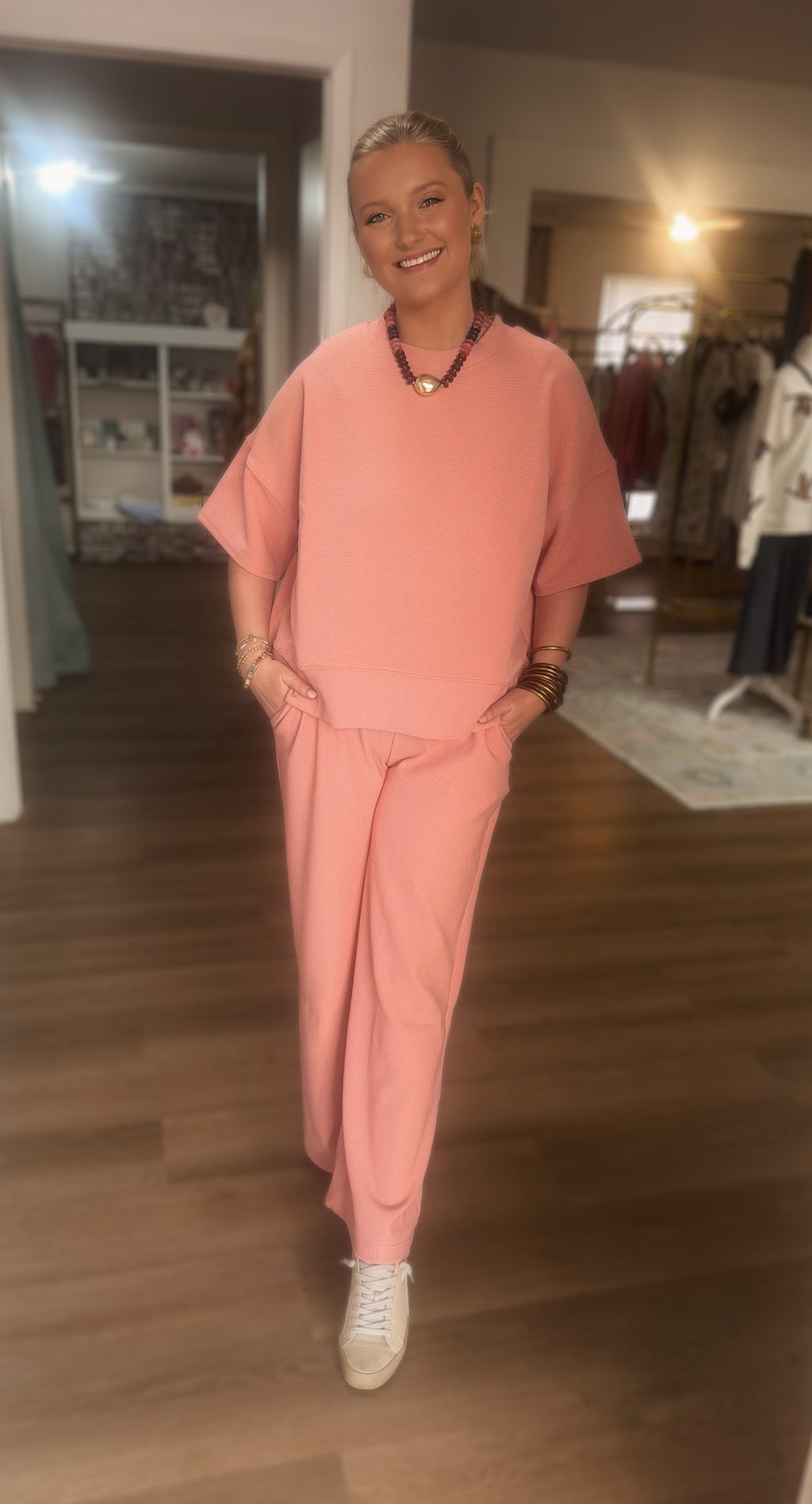 Tan Rose Ribbed Pants Set