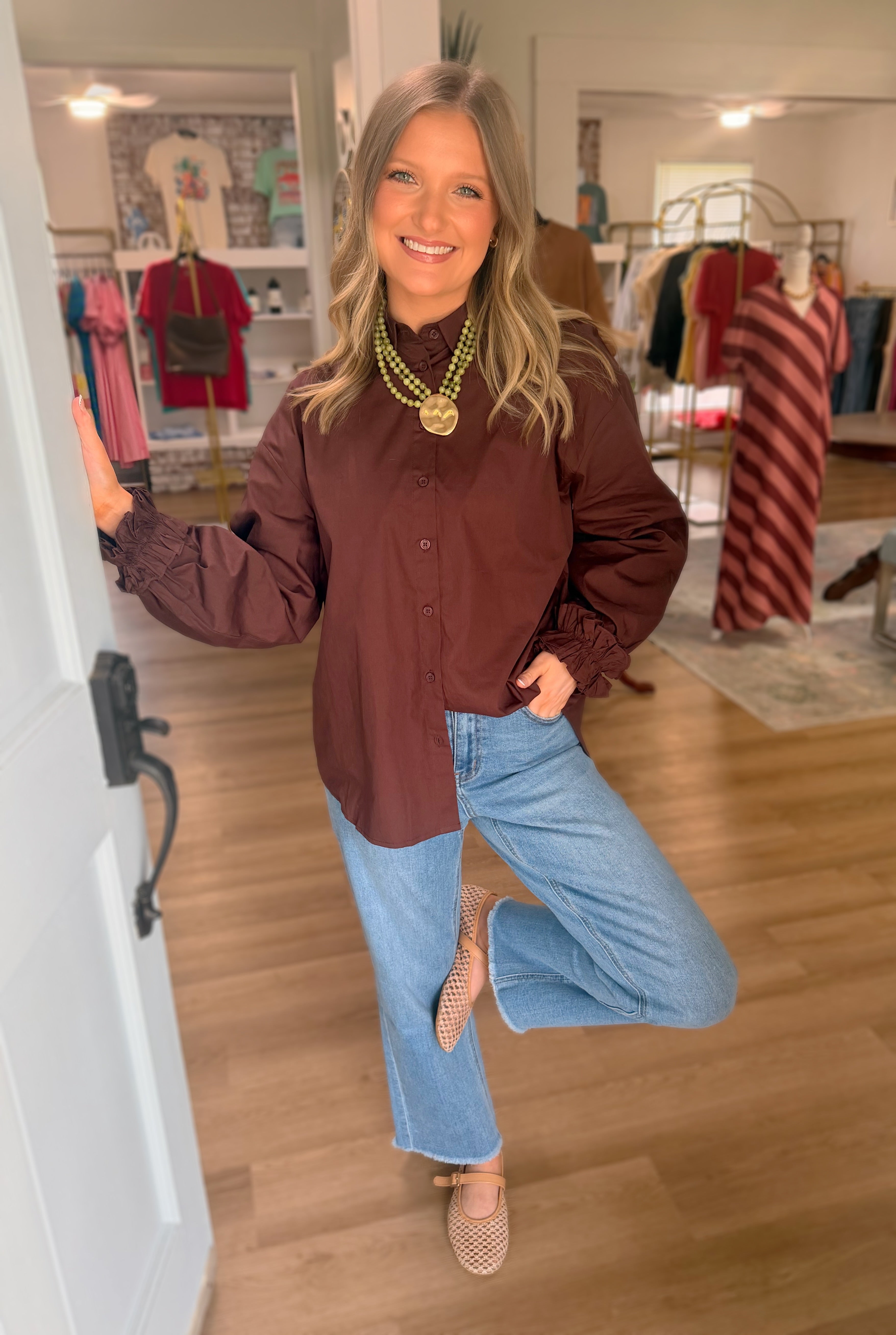 Brown Ruffle Cuffs Accent Top