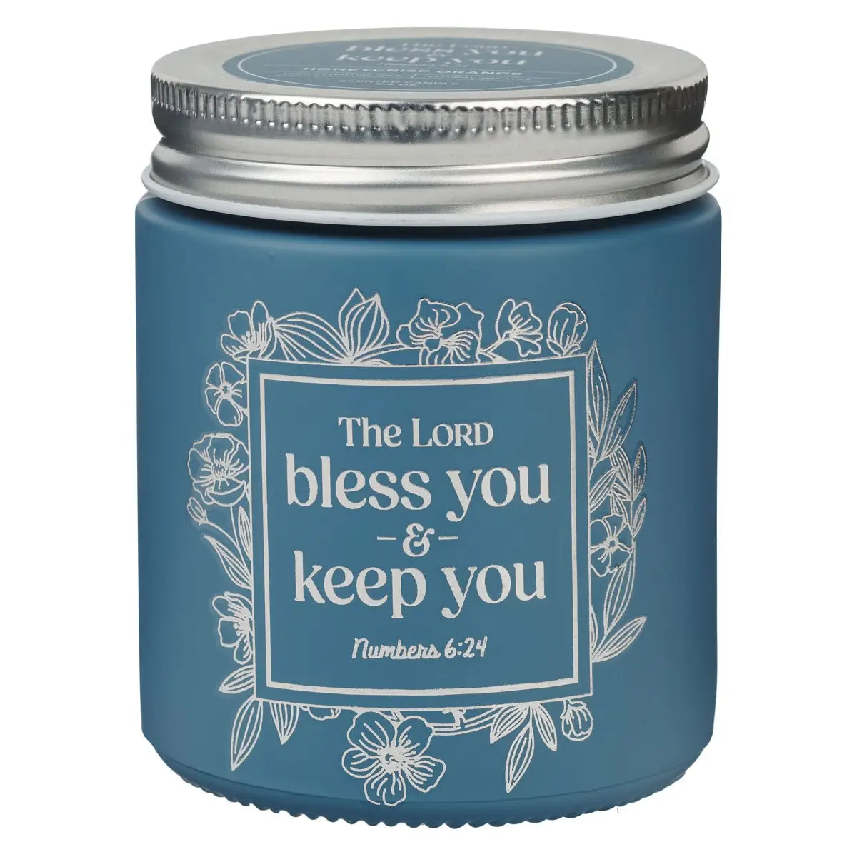 Glass Candle W/Screw Top Lid Blue Bless\keep You Num. 6:24