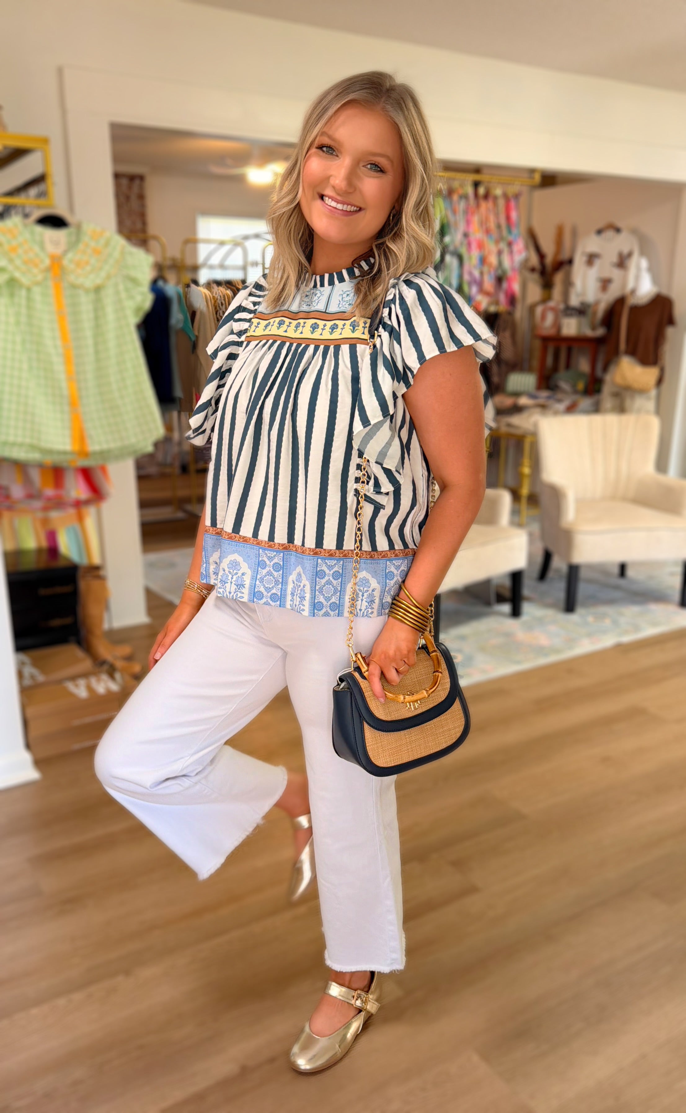 Striped Border Cap Sleeve Top