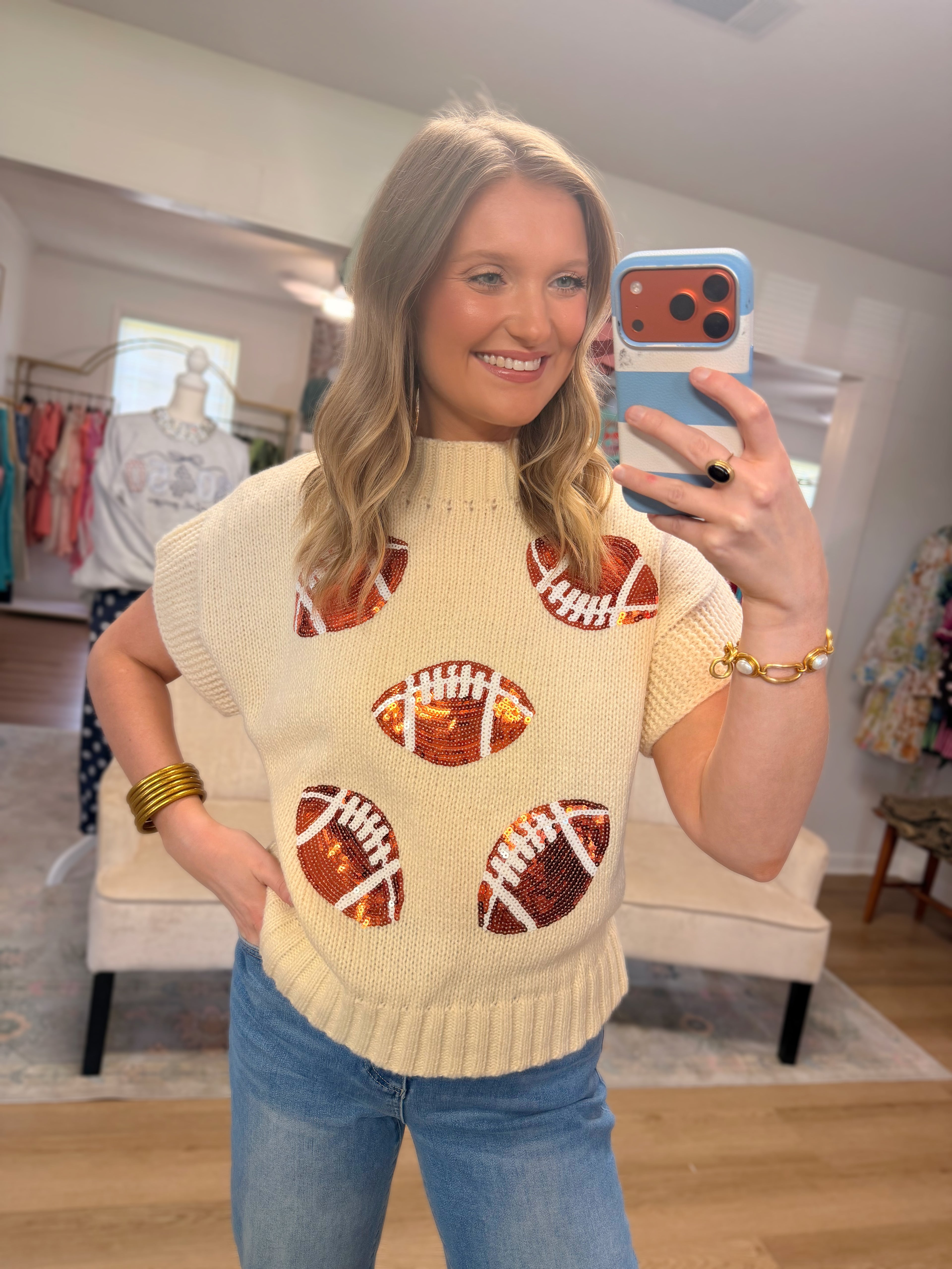 Ivory Football Sequin Sweater Vest