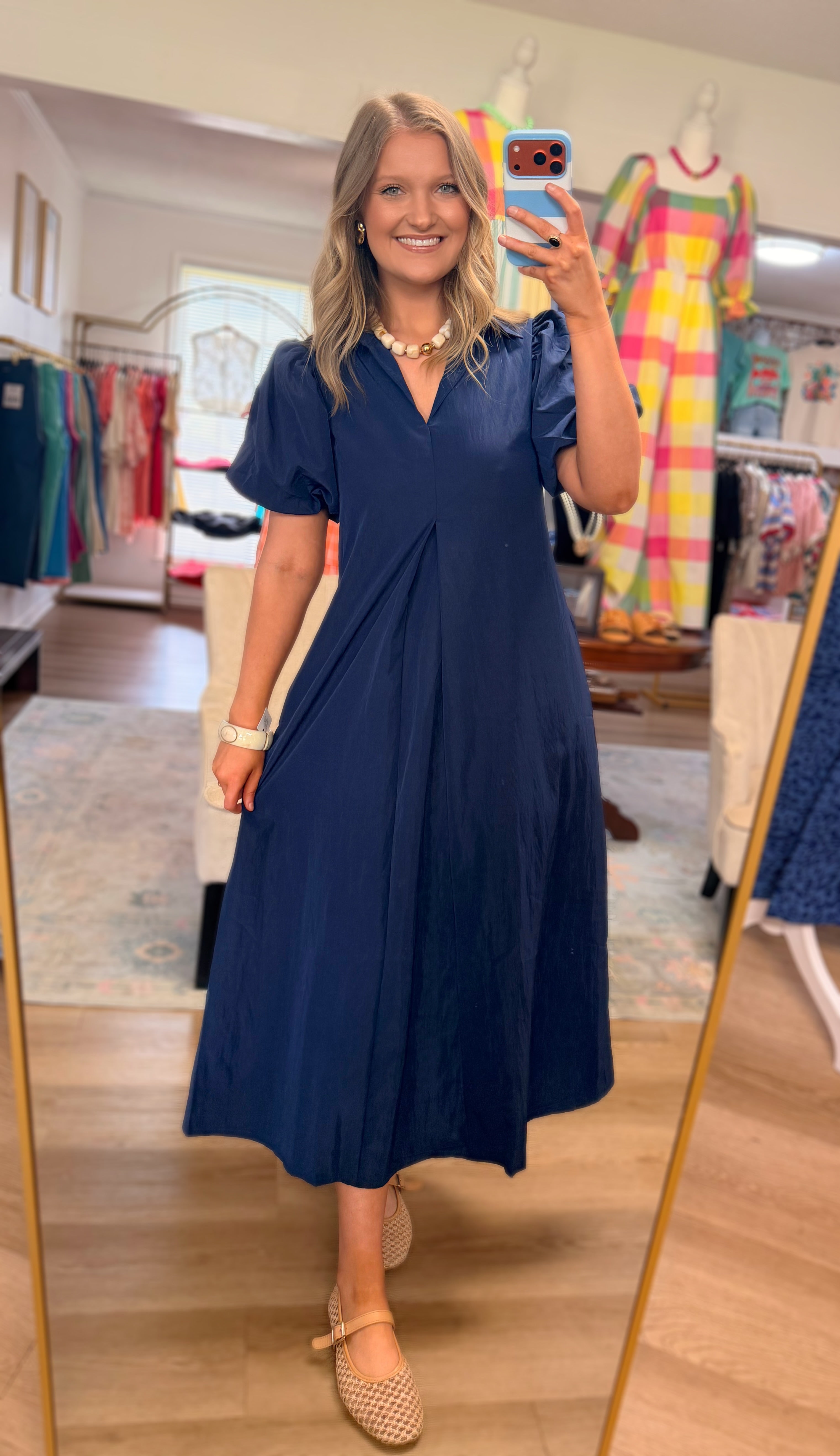 Navy Puff Sleeve Dress