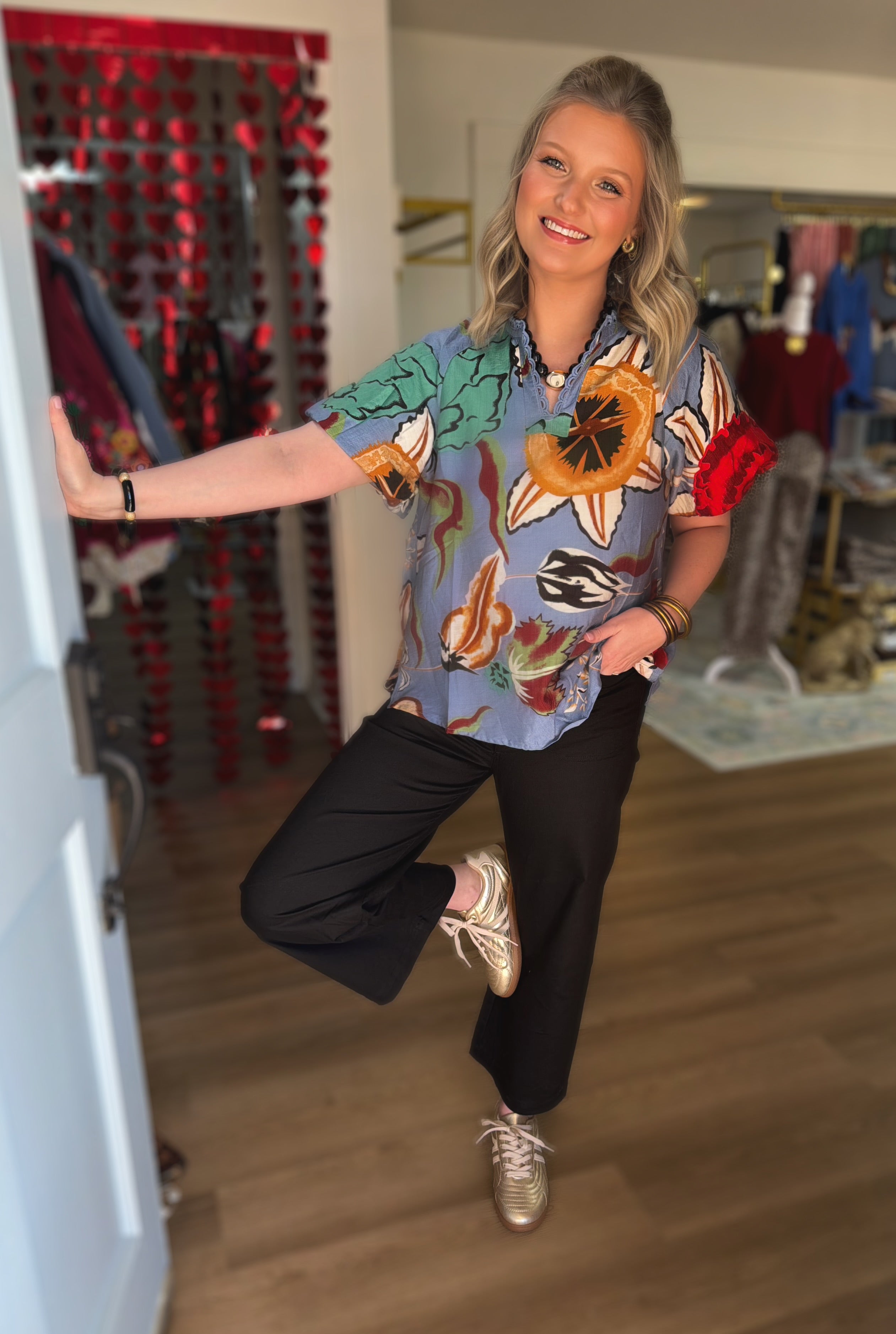 Denim Mix Floral V-Neck Top