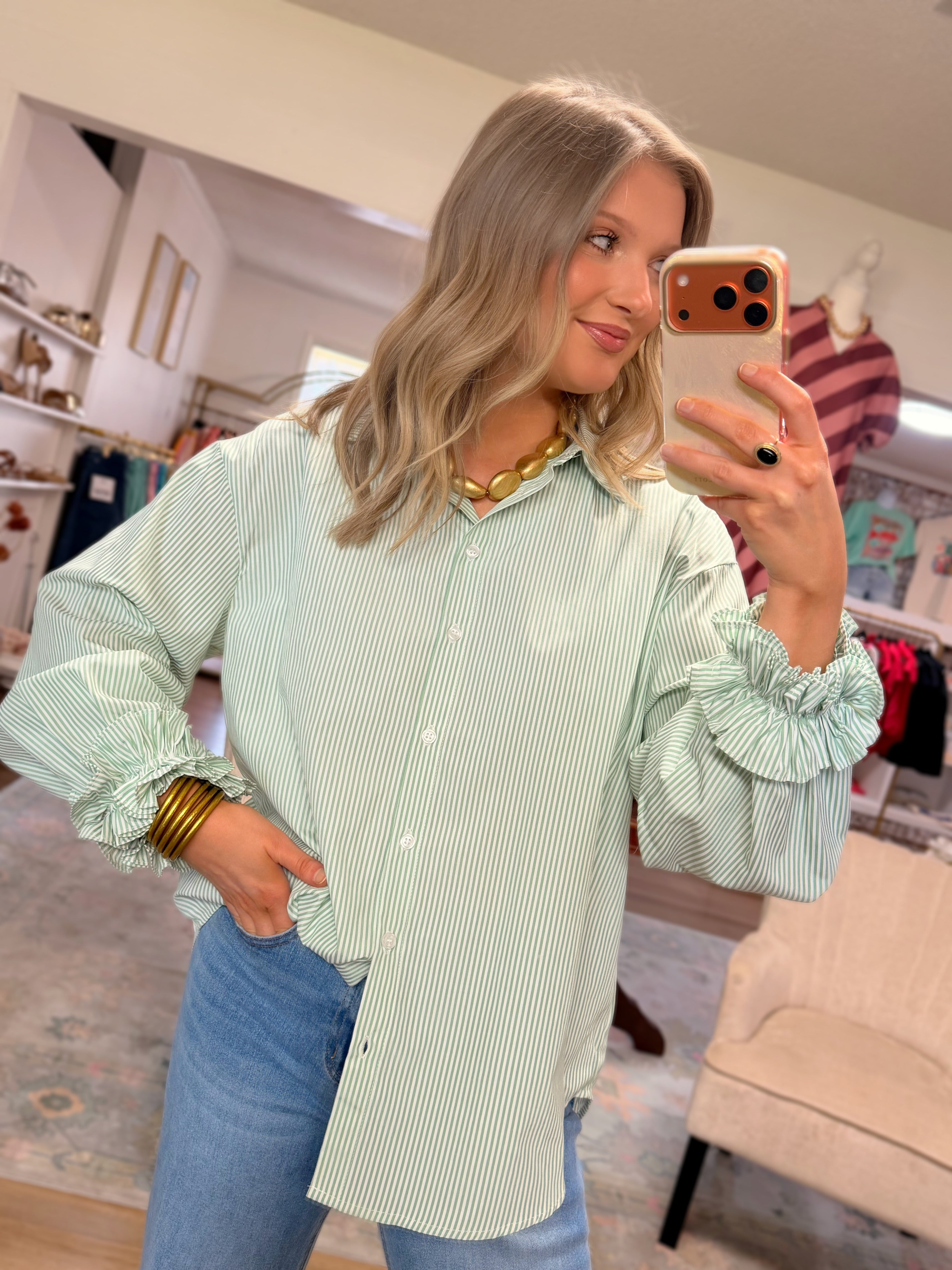 Green Ruffle Cuffs Accent Top