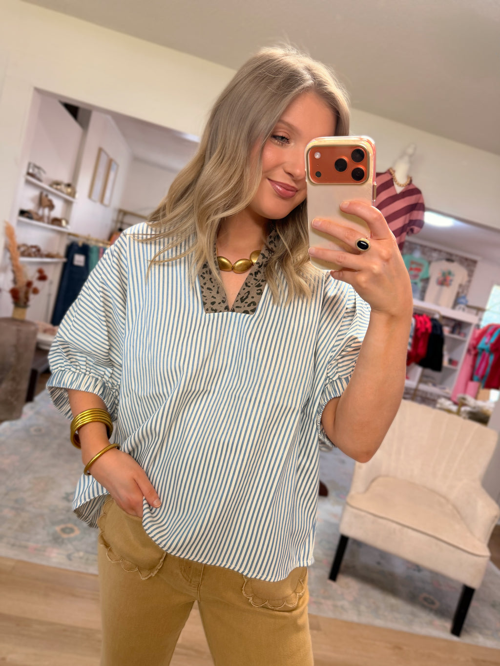 Chambray Striped/Cheetah Top