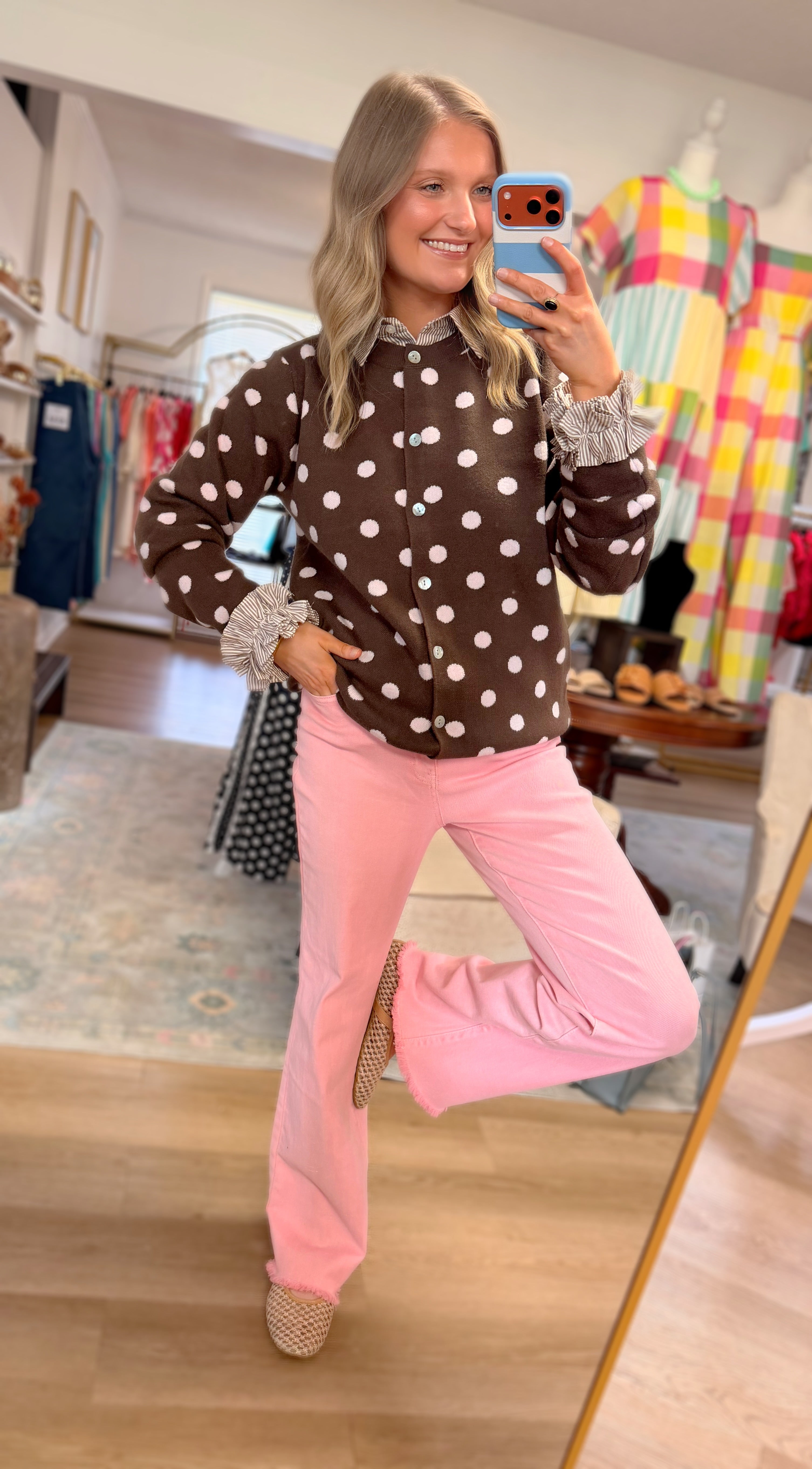 Brown/Pink Polka Dot Button Down Sweater