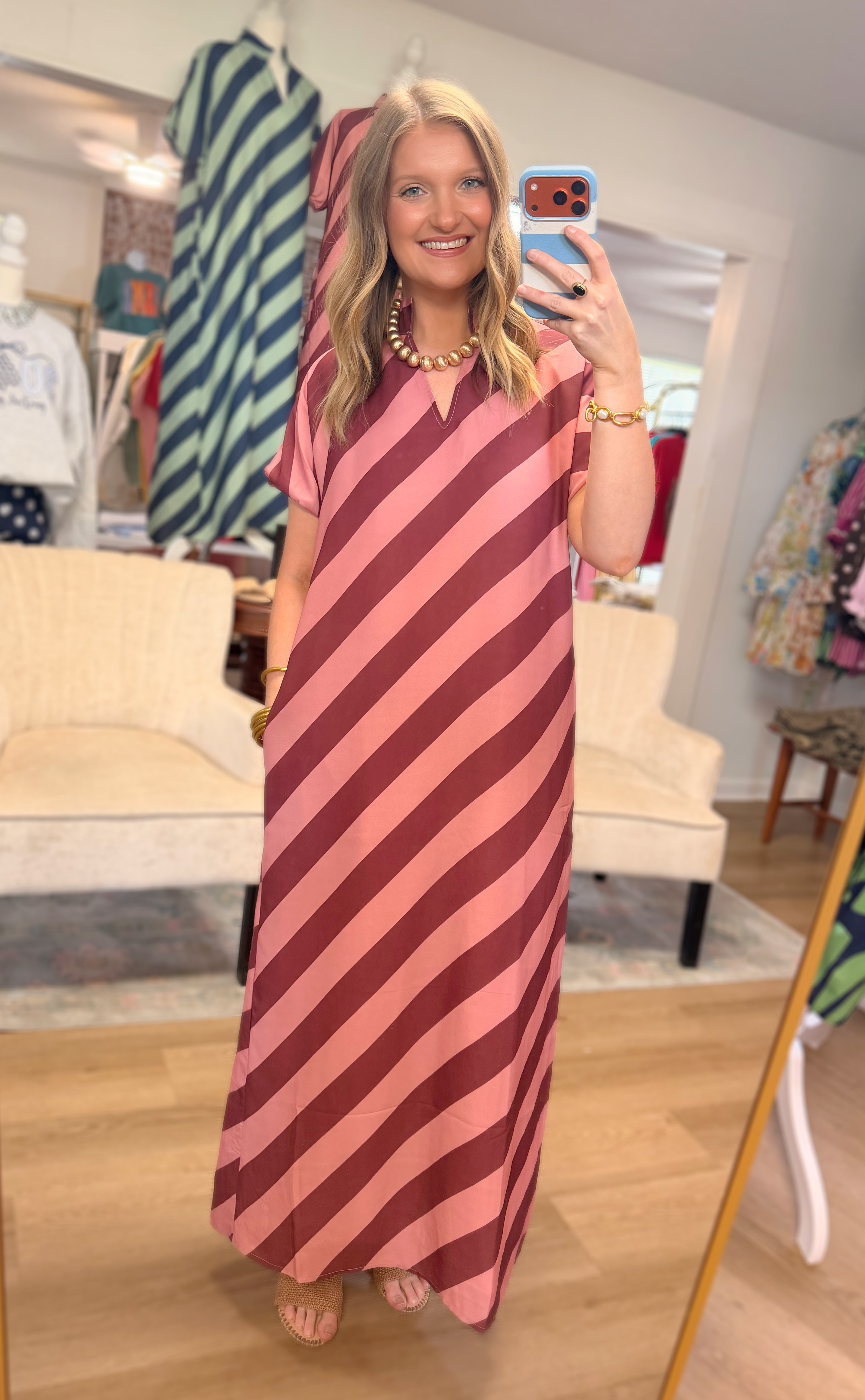 Pink/Burgundy Diagonal Striped Dress