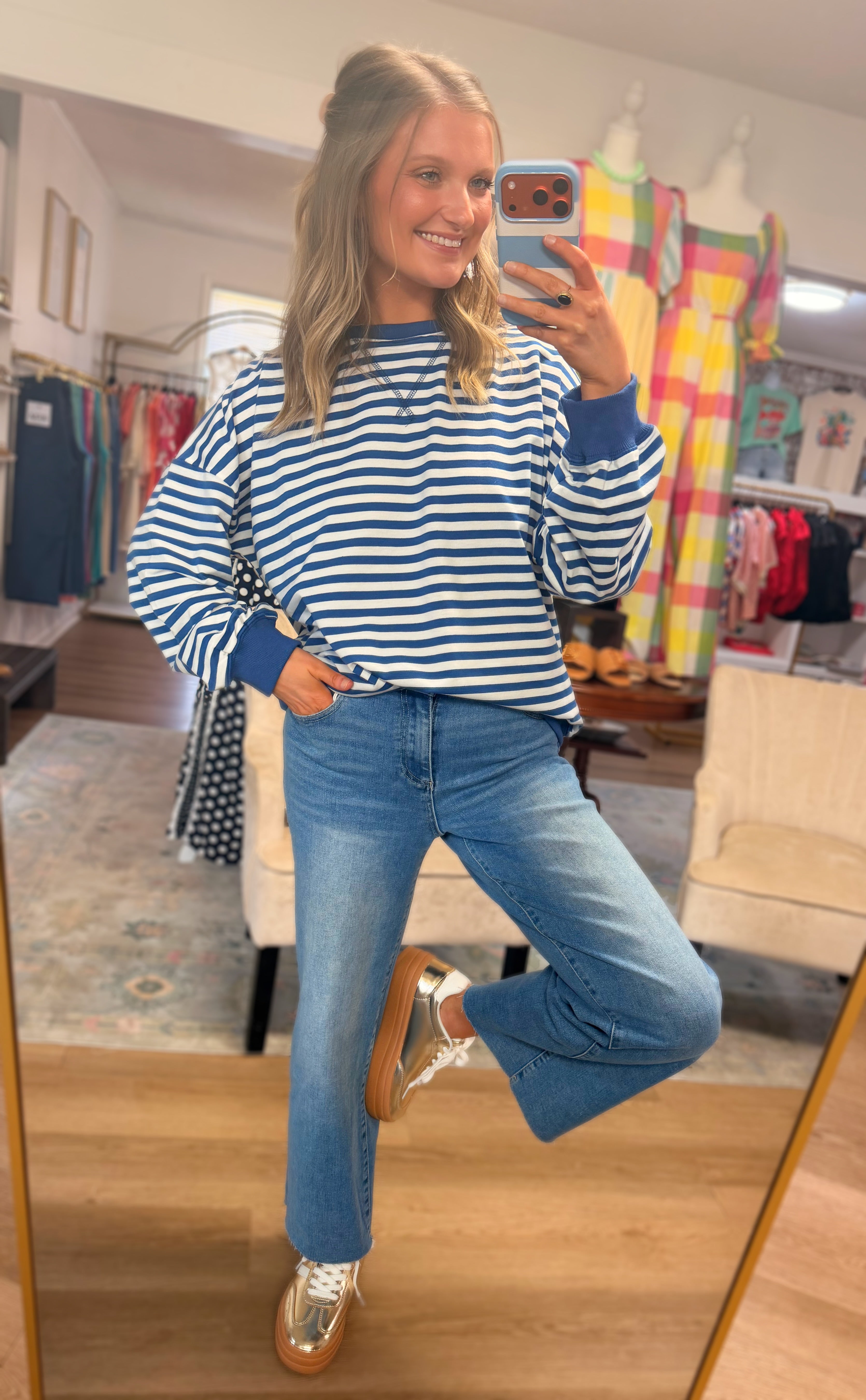 Navy Striped Pullover Top