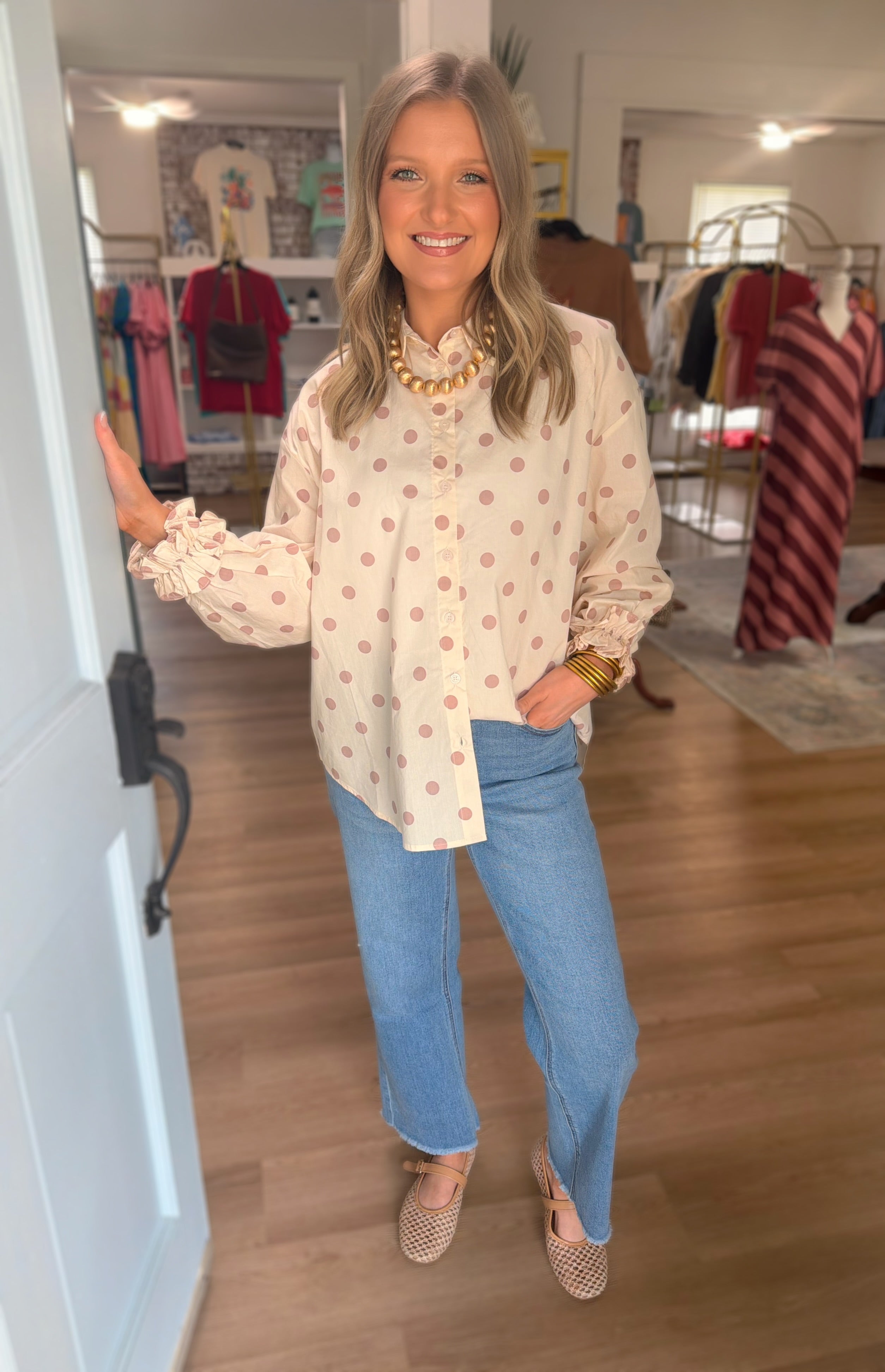 Taupe/Pink Polka Dot Ruffle Cuff Top