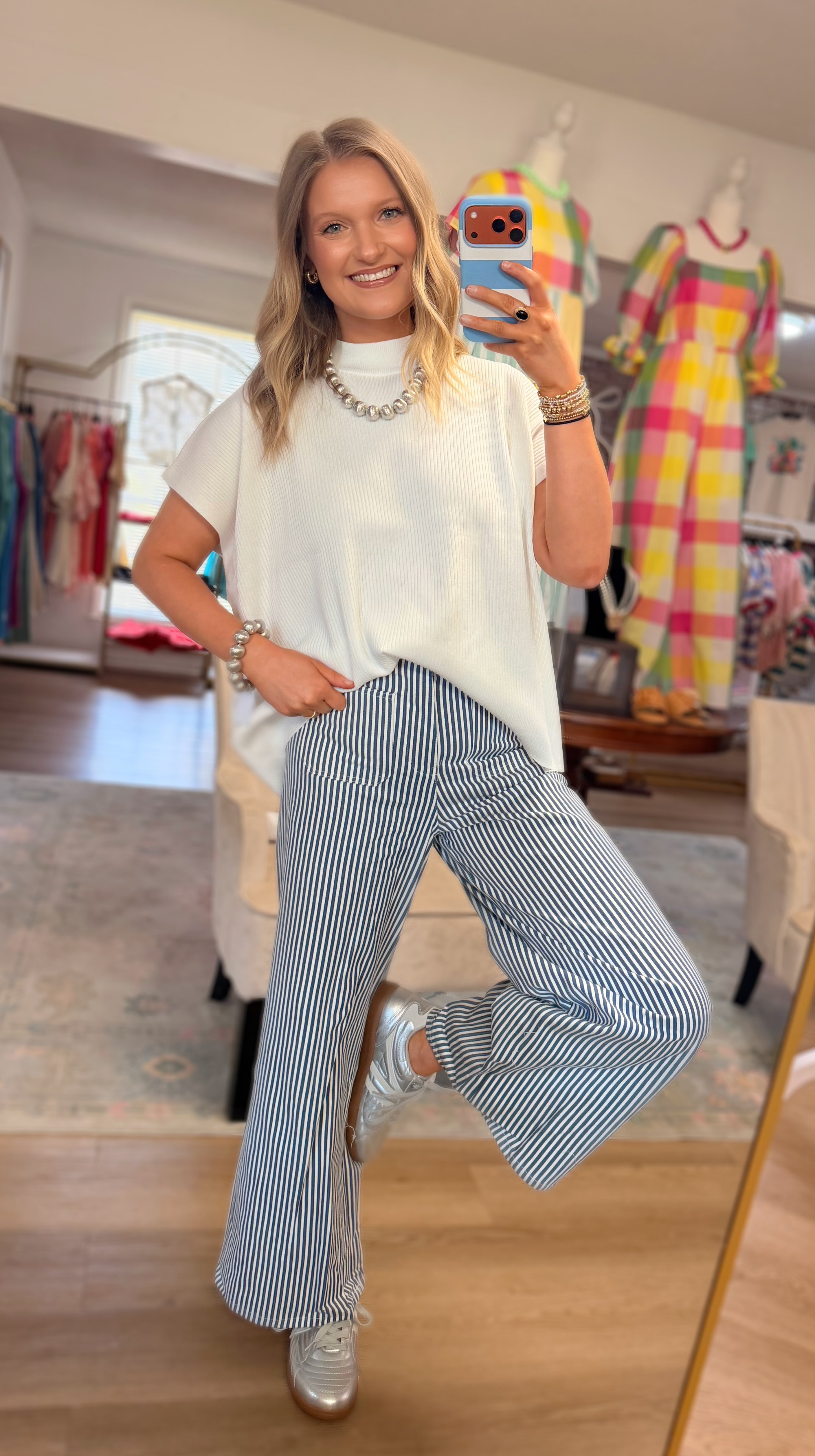 Navy/White Striped Stretch Pants