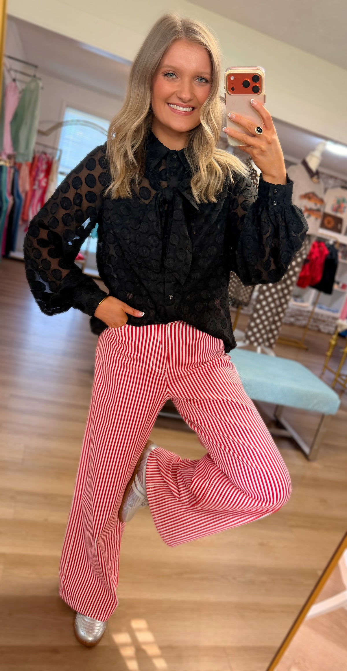 Black Sheer Polka Dot Top