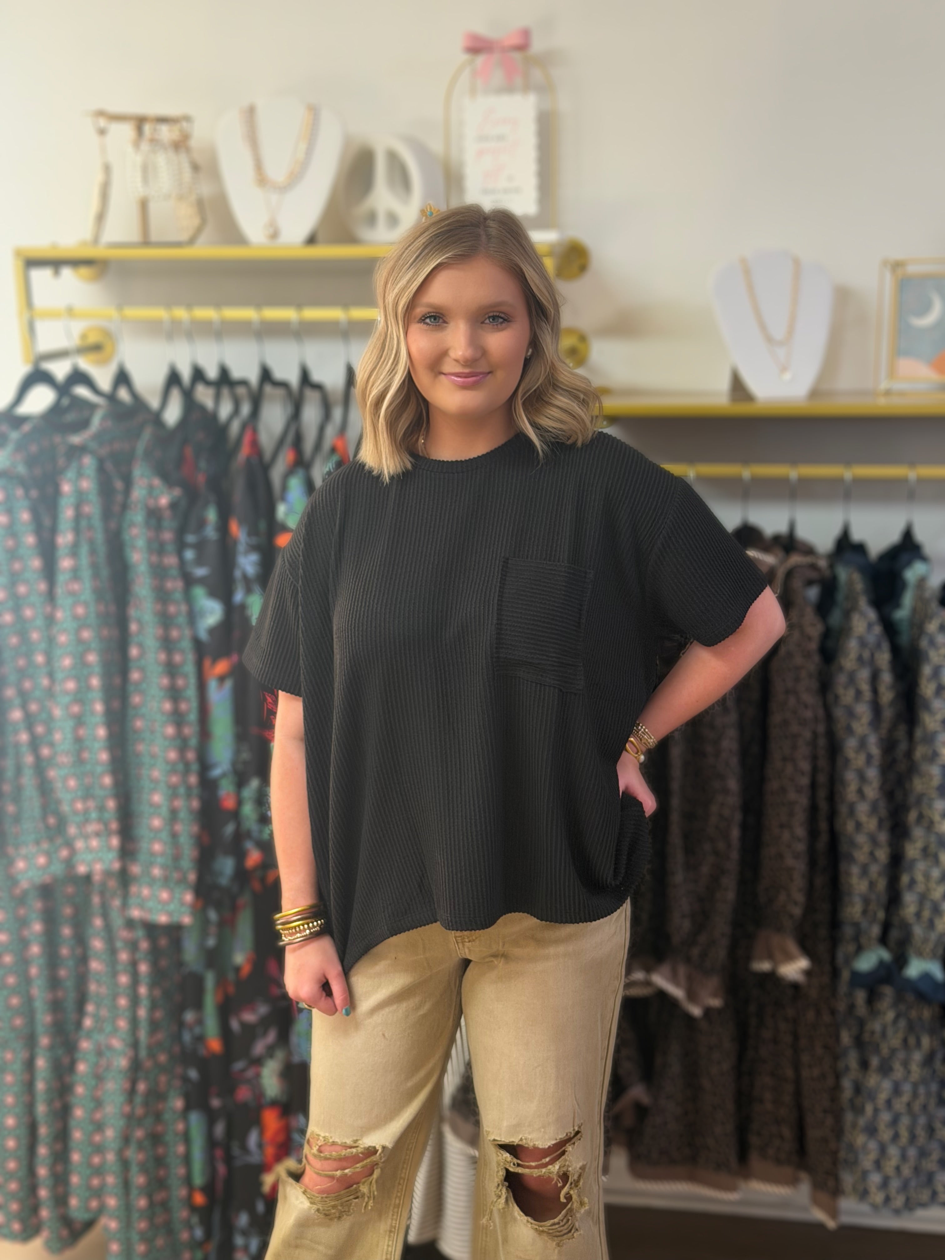 Black Raised Ribbed Pocket Top