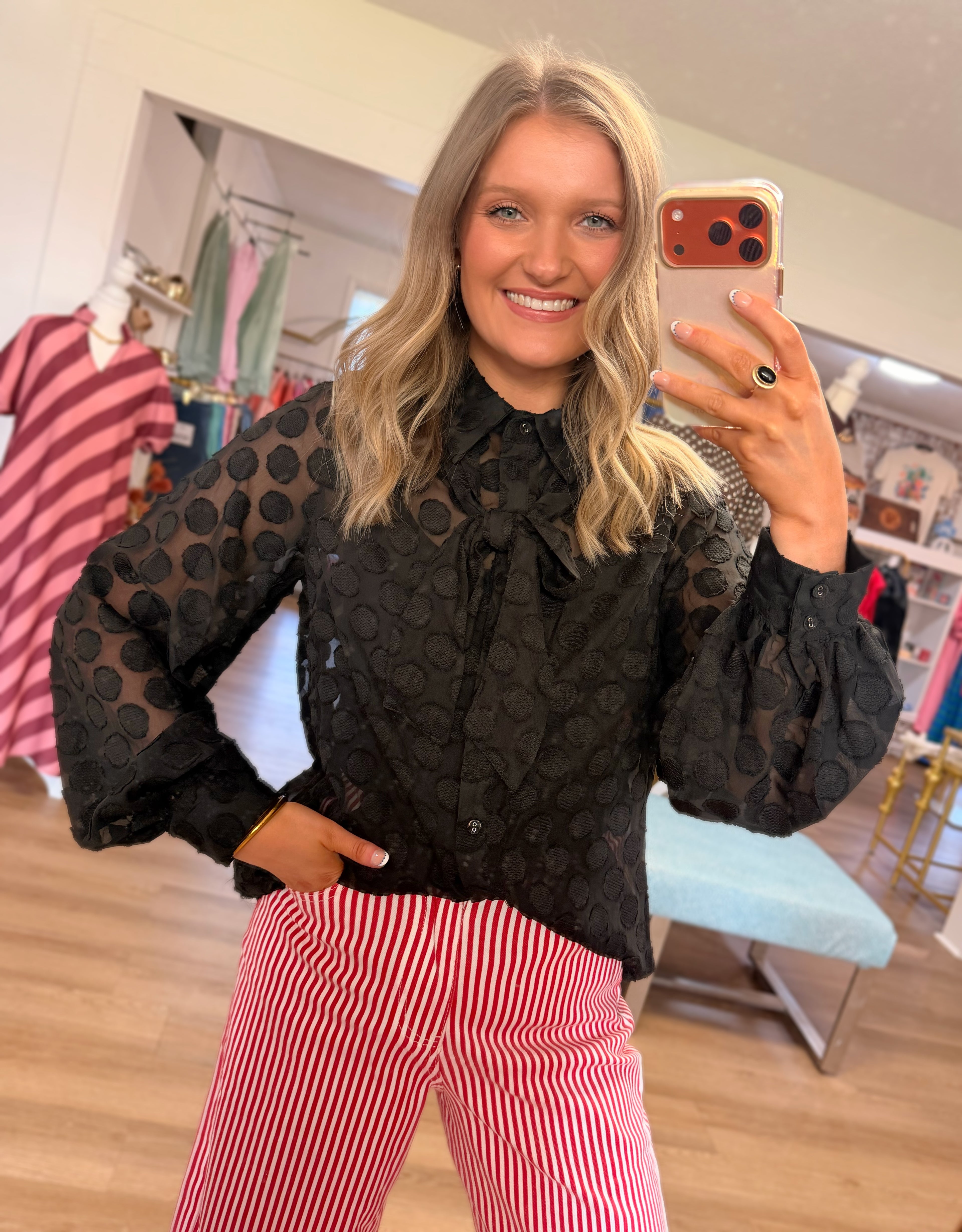 Black Sheer Polka Dot Top