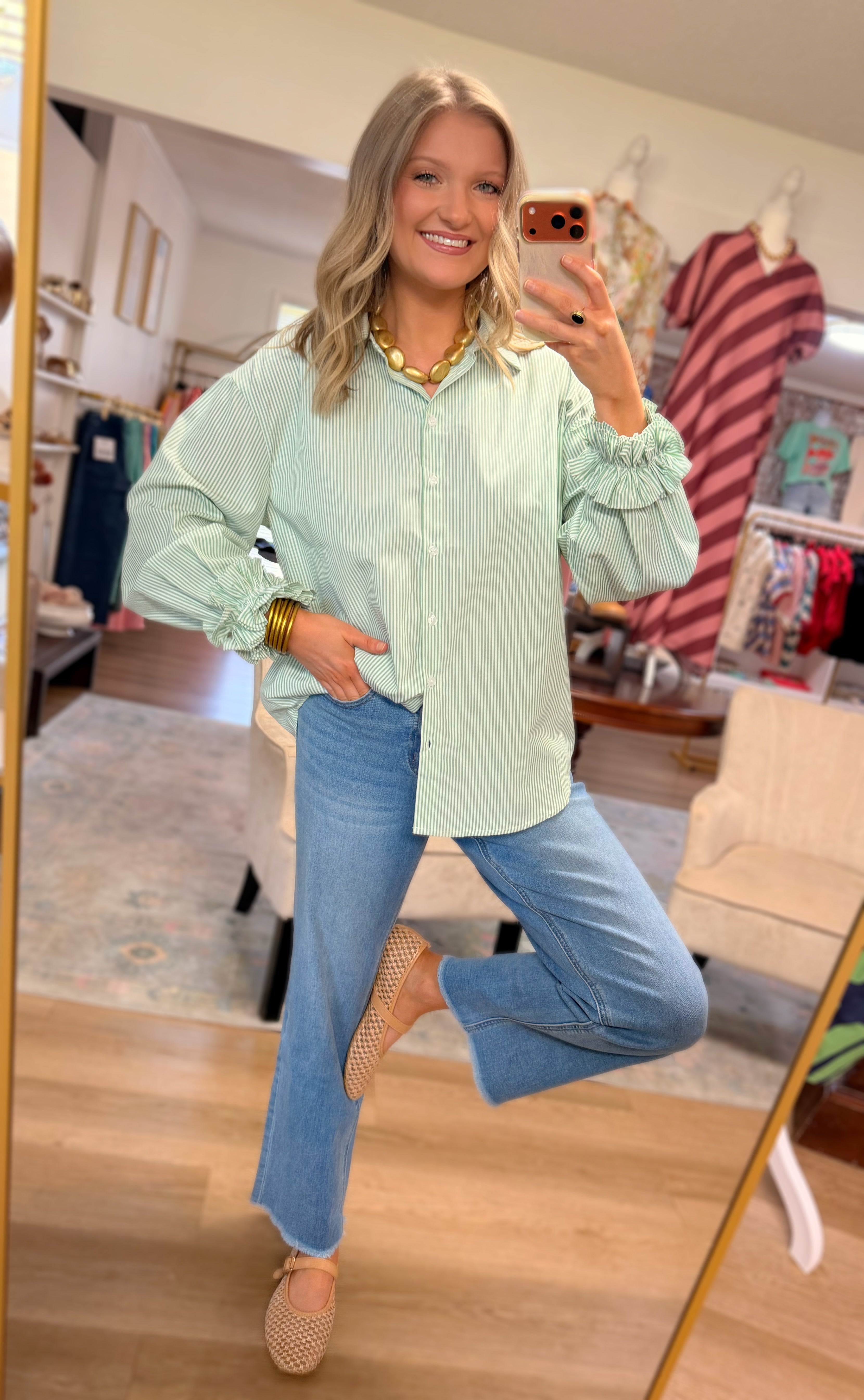 Green Ruffle Cuffs Accent Top