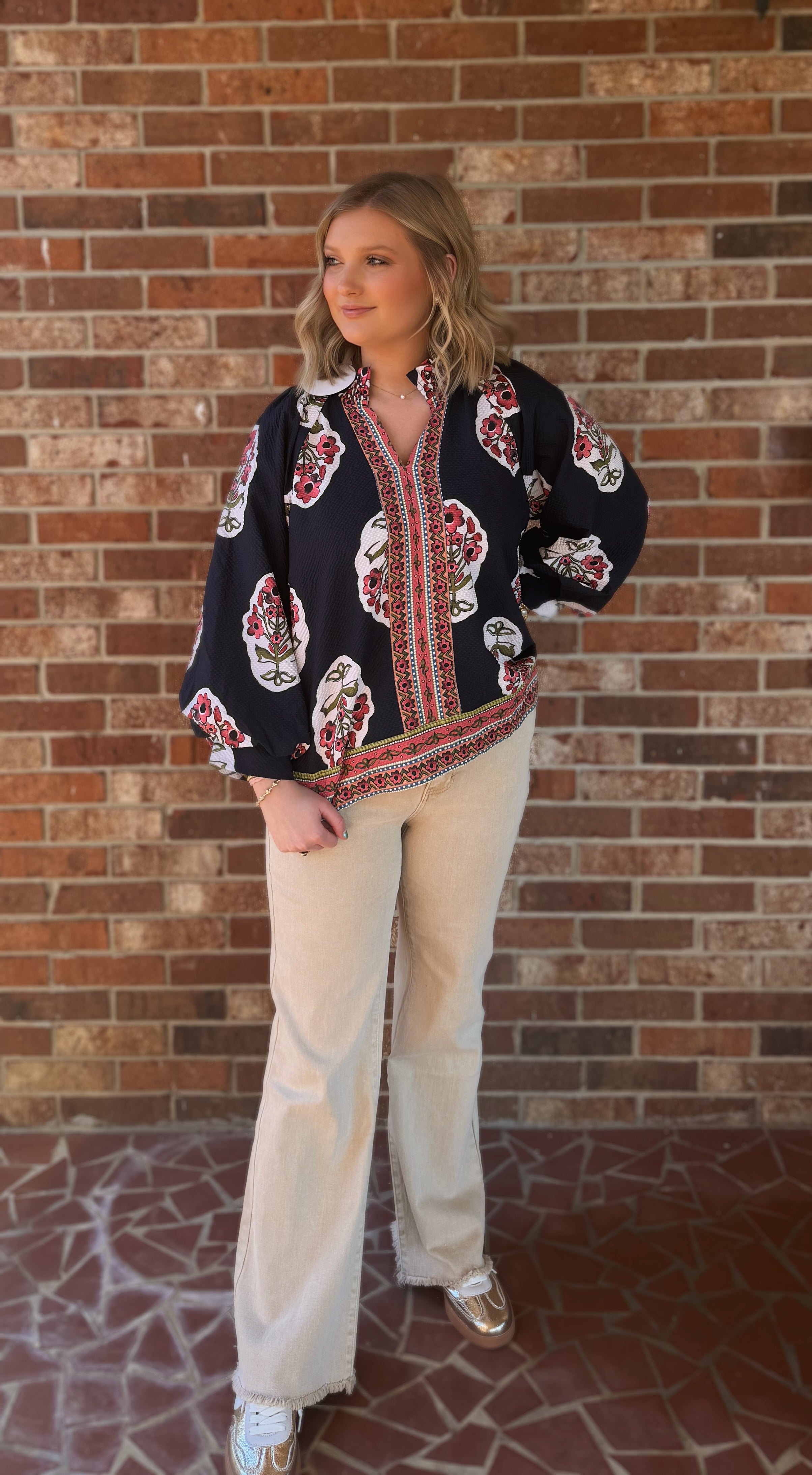 Navy Boho Floral Tunic Top