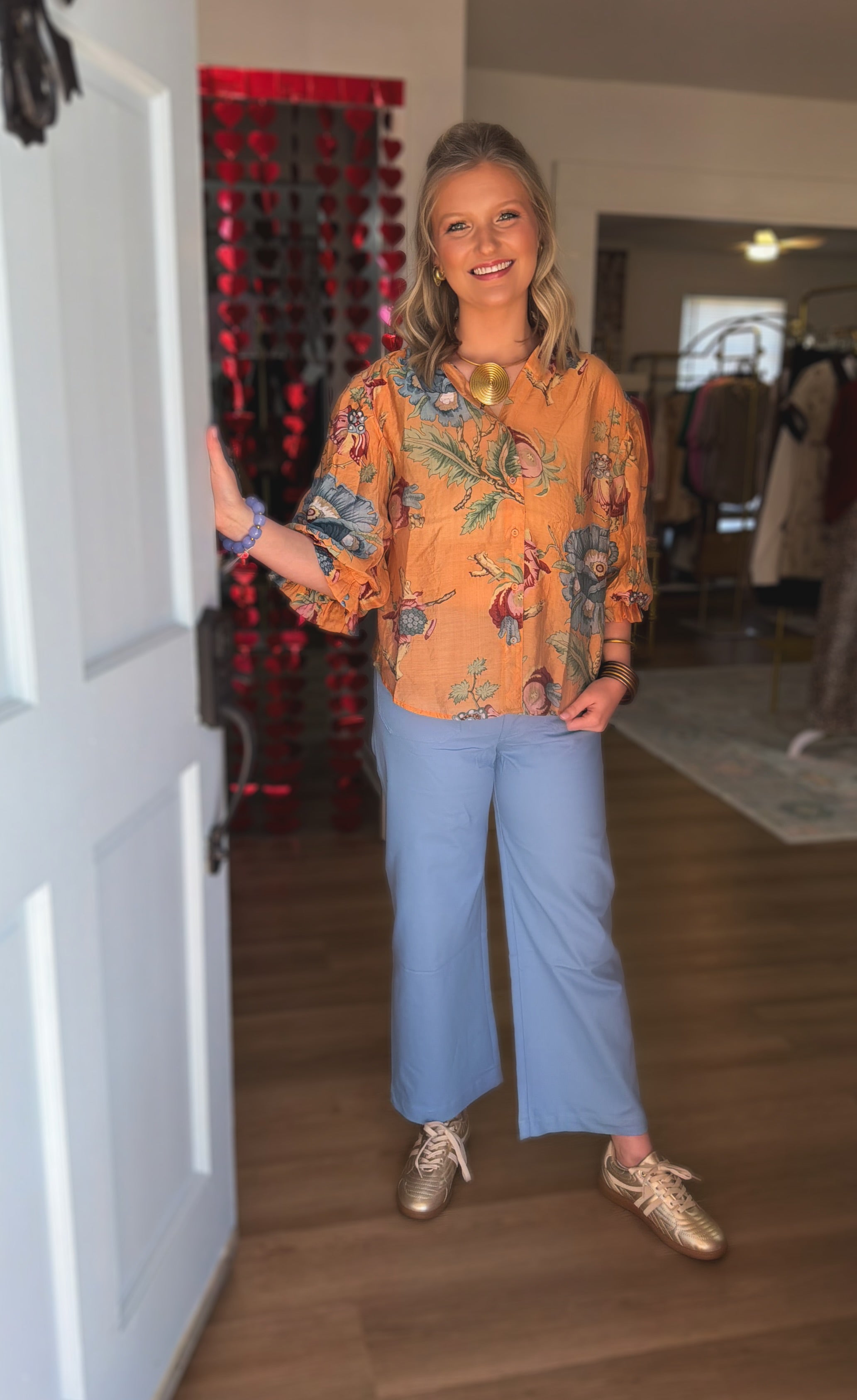 Coral Printed Button Down Top