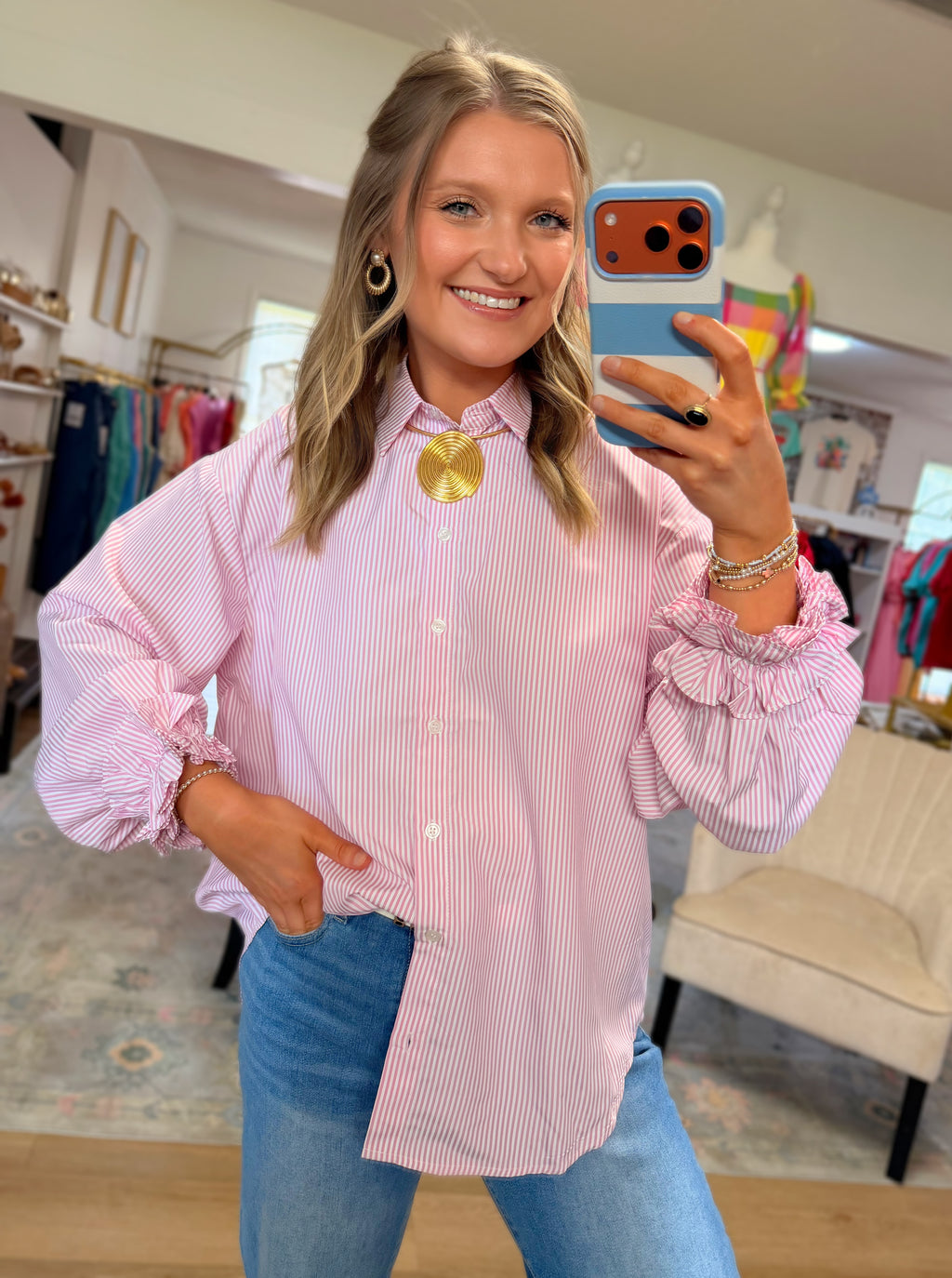 Pink Ruffle Cuffs Accent Top