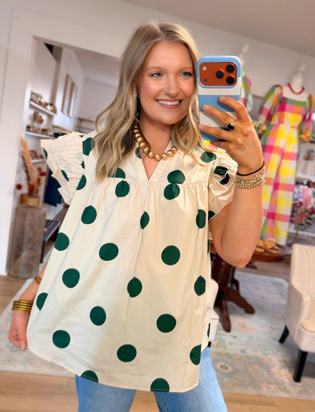 Green Polka Dot Ruffle Top