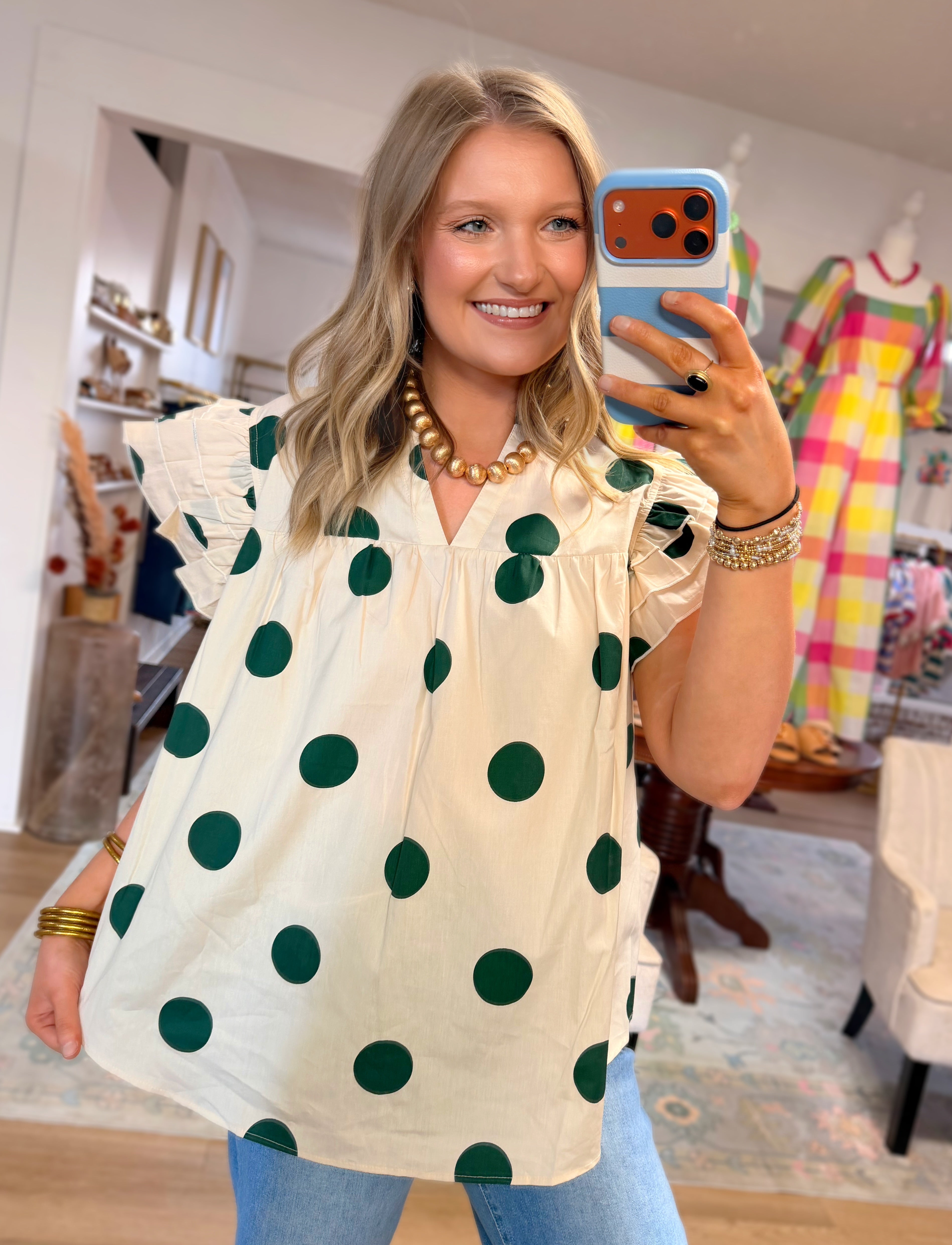 Green Polka Dot Ruffle Top