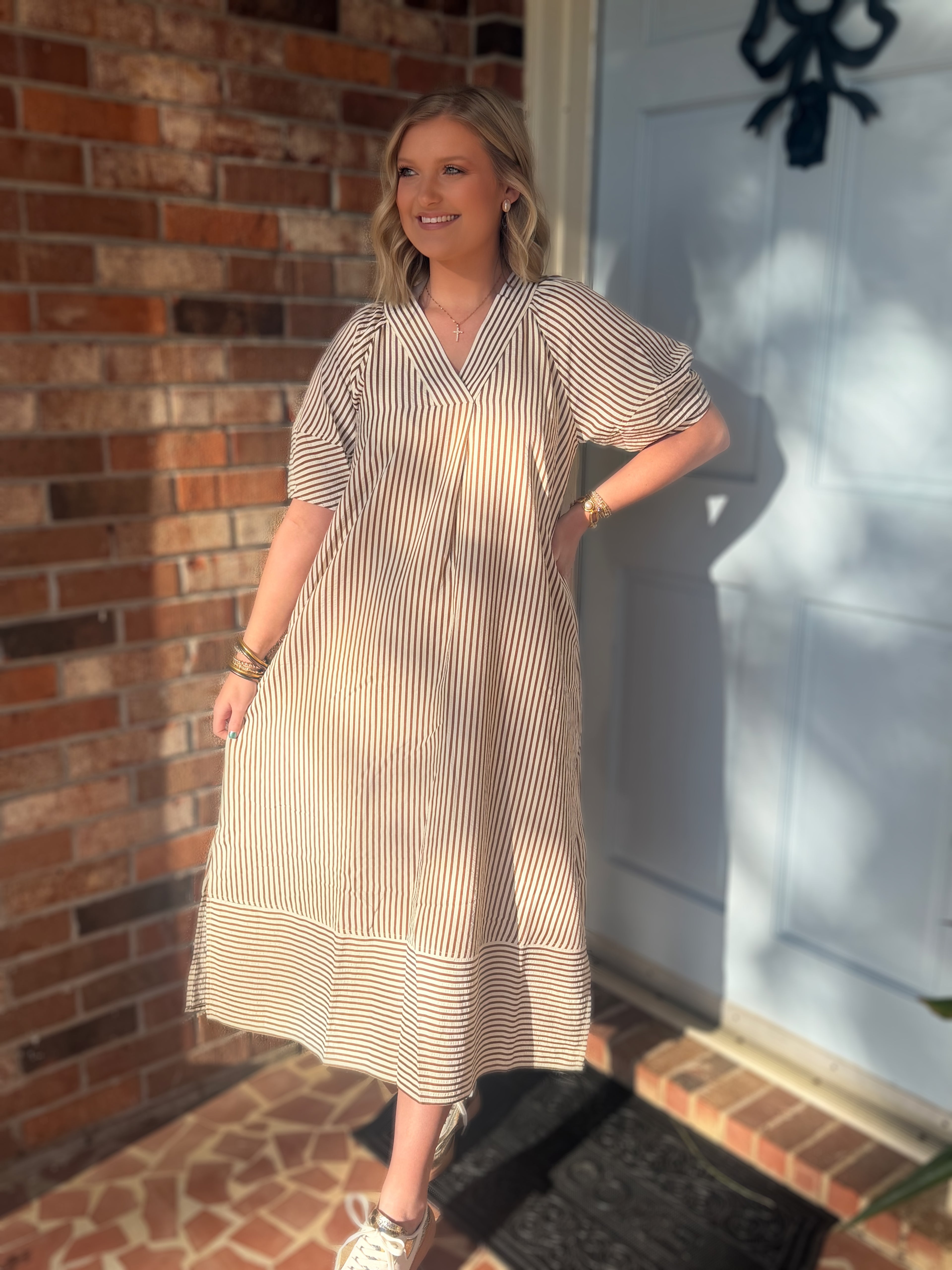 Brown Striped Midi Dress