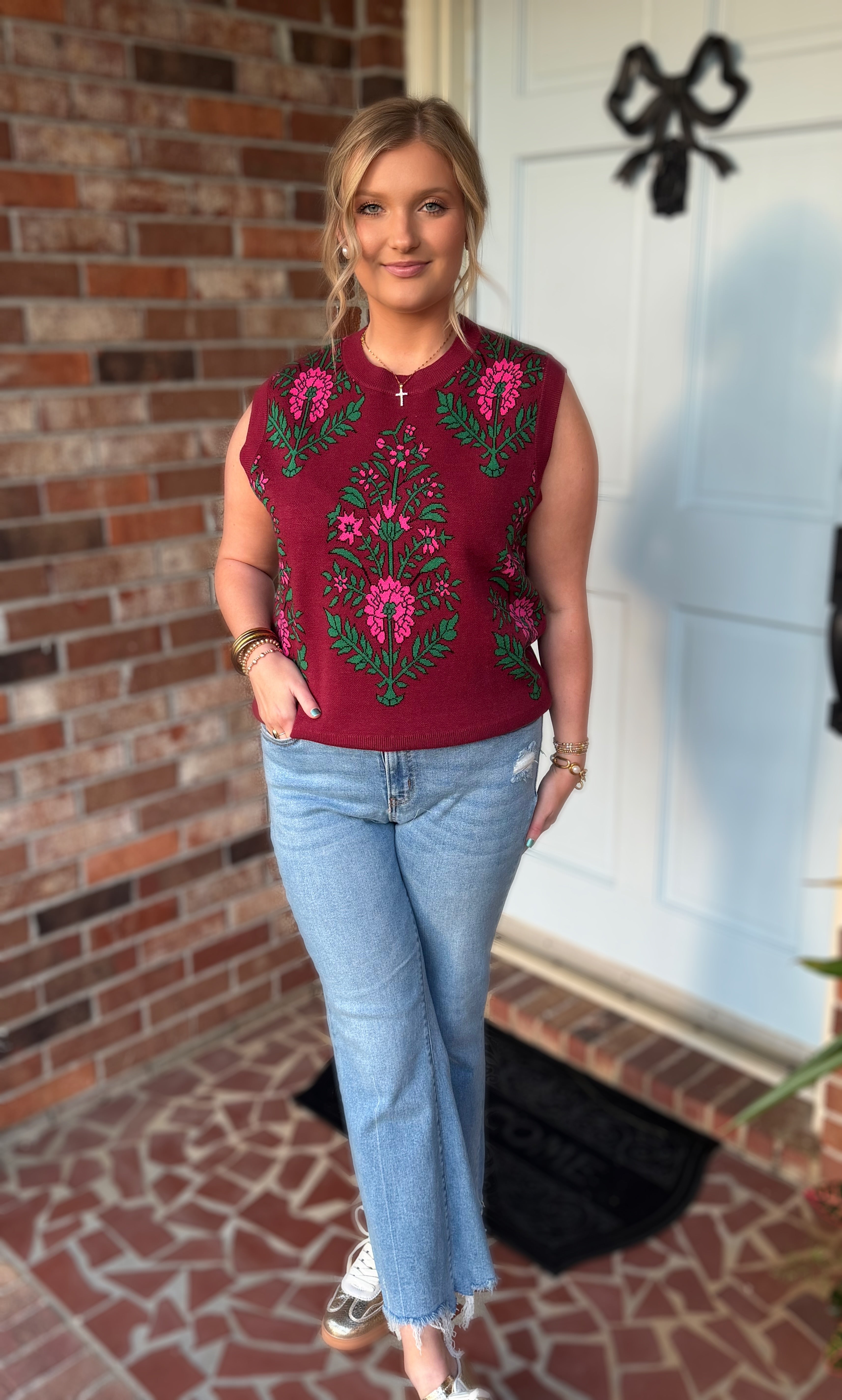 Burgundy Floral Sweater Vest