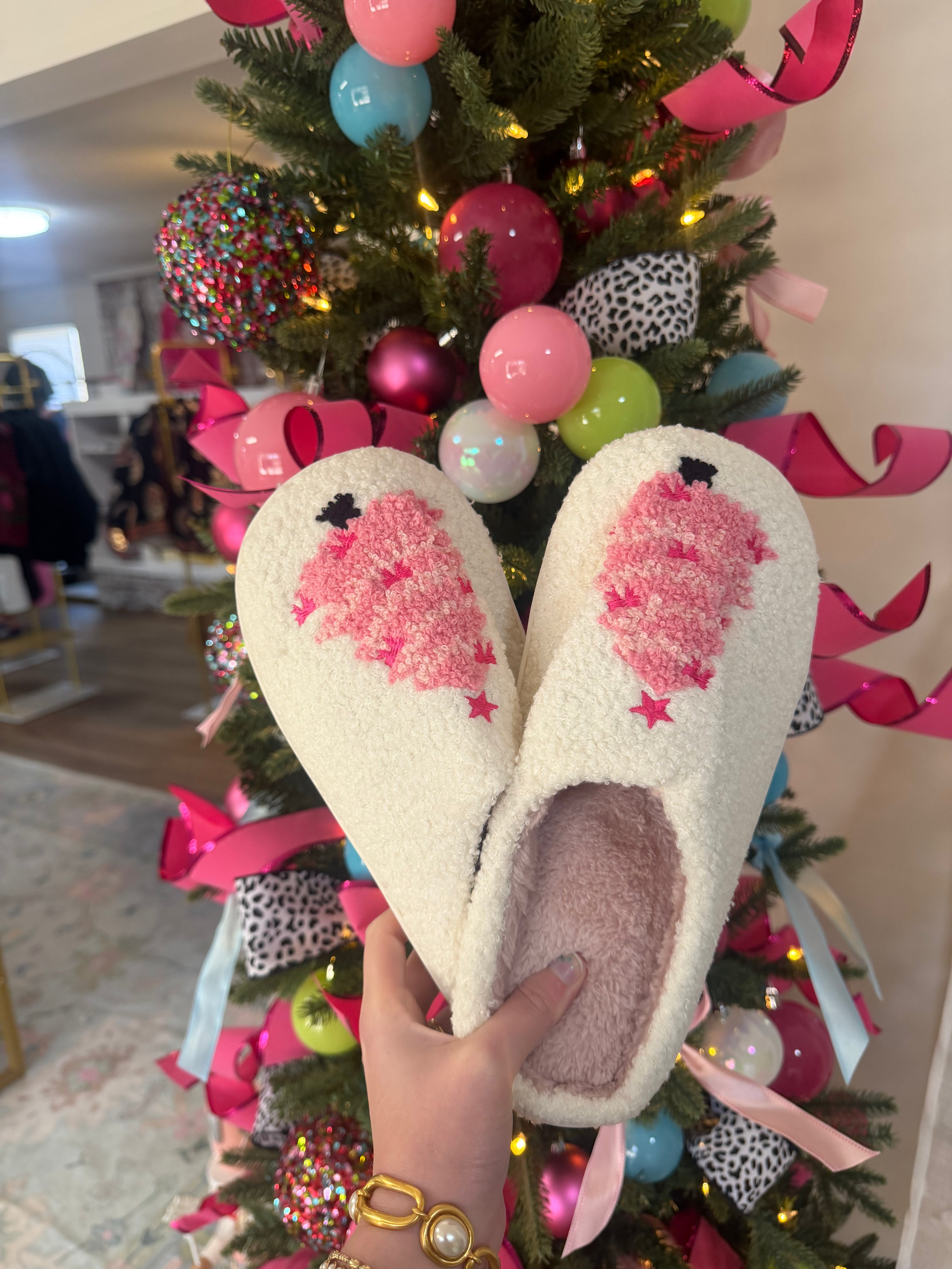 Pink Christmas Tree Slippers