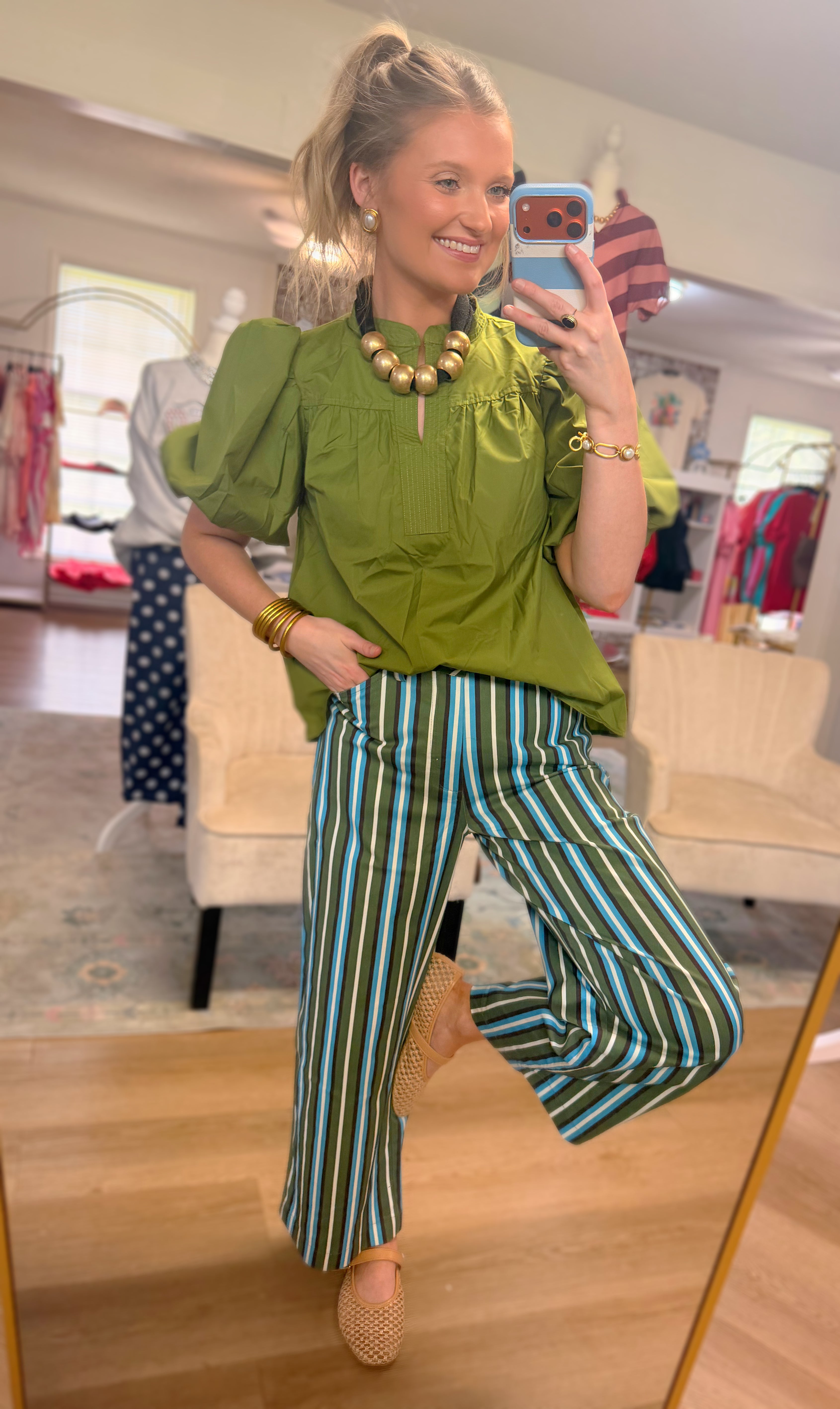 Green/Blue Striped High Waisted Pants