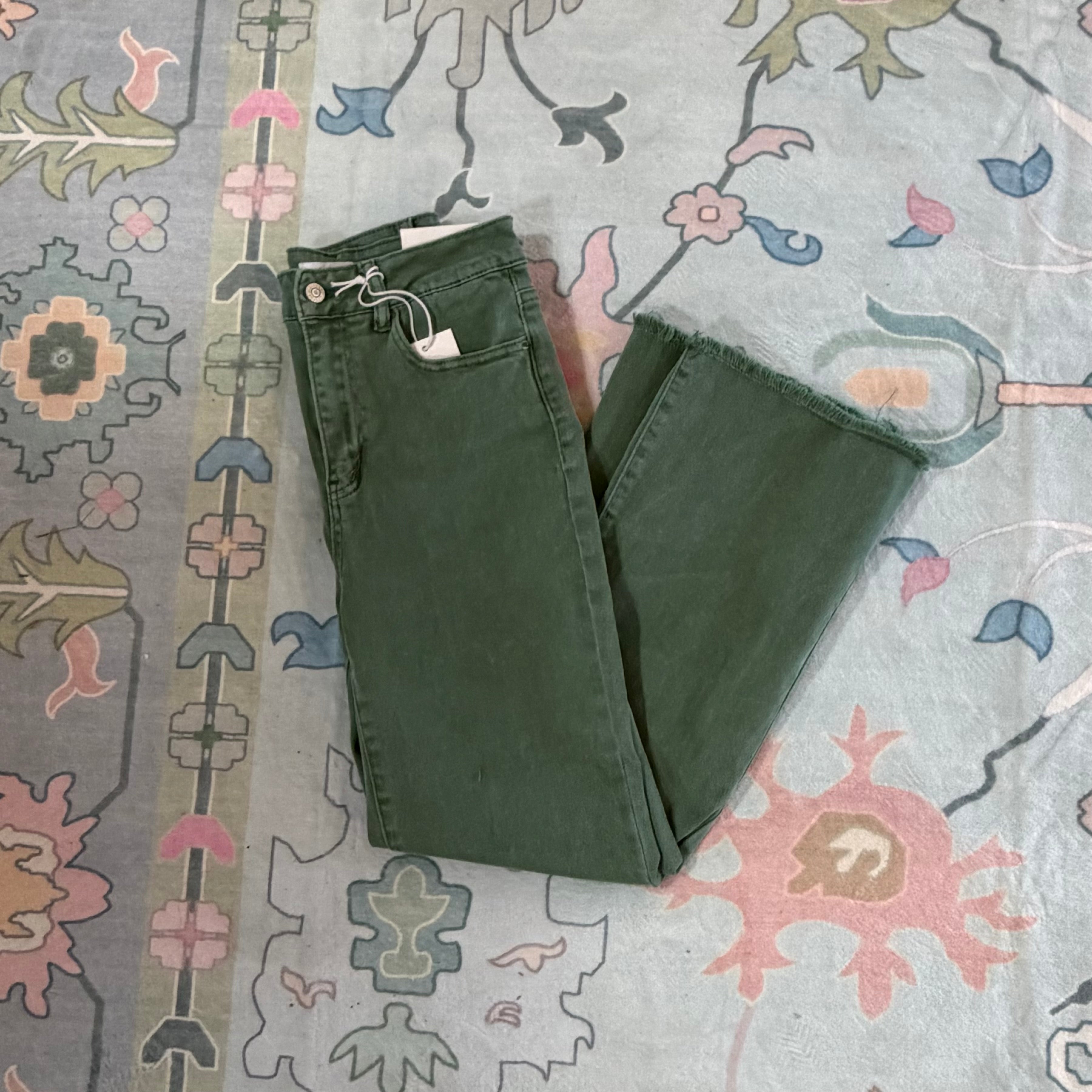 Olive Acid Washed Frayed Hem Pants