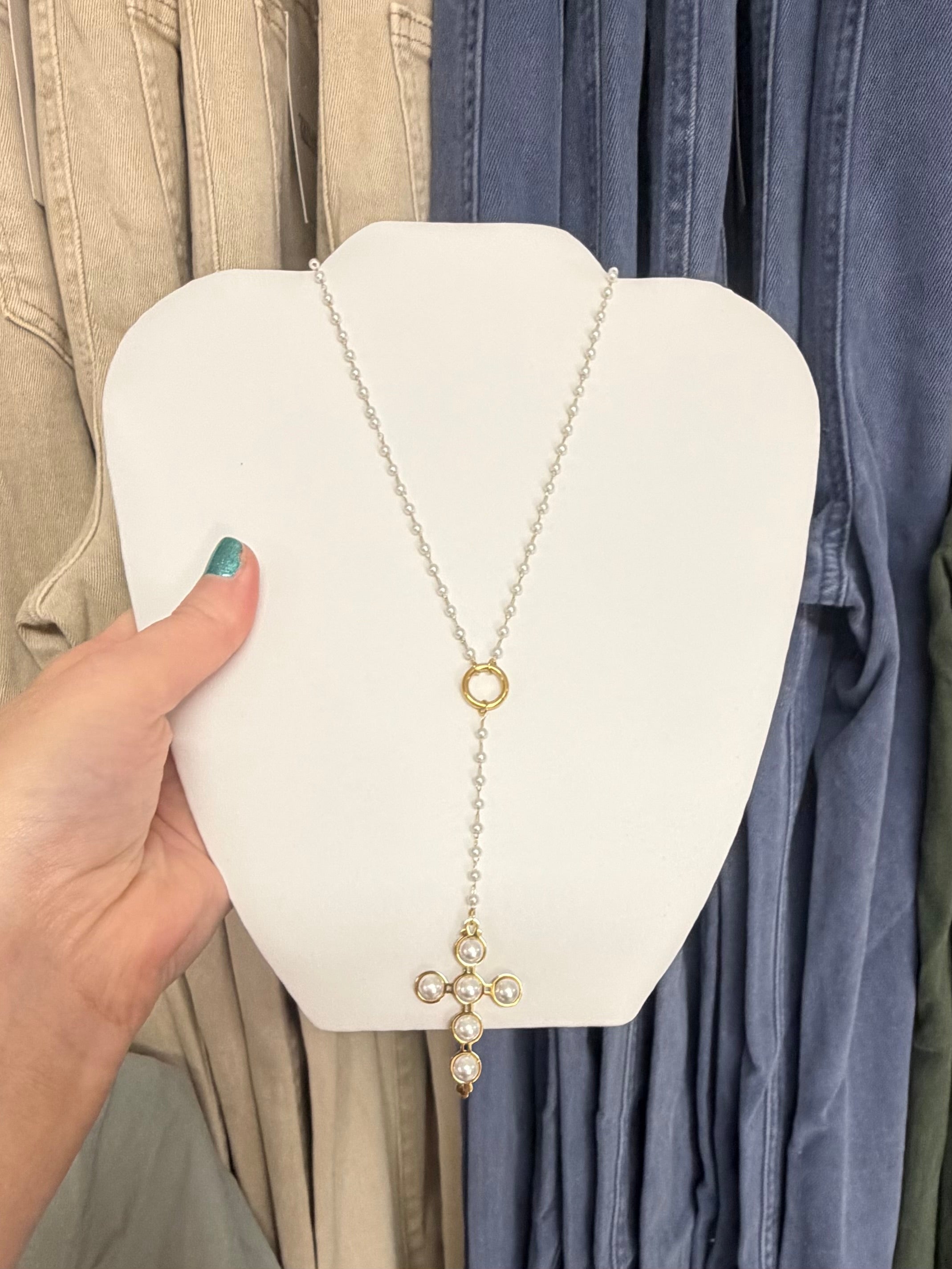Lariat Pearl Cross Necklace